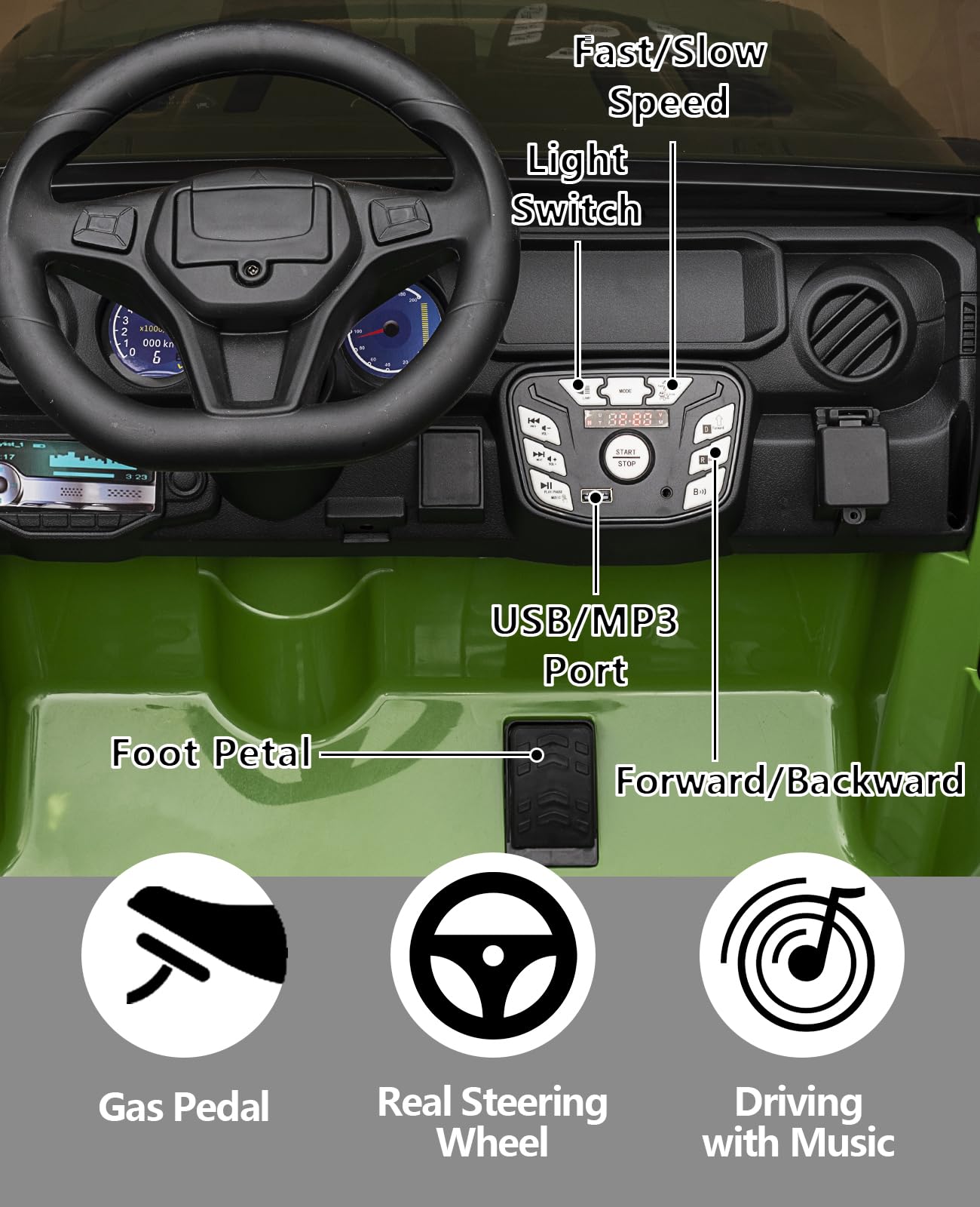 GARVEE 24V Kids Electric Ride On Car - 2 Seater XL Power Wheels for Boys & Girls Ages 3-8 | 3 Speed, 200W Dual Motor, Bluetooth Music, Parent Remote Control, Suspension System | Perfect for Backyard Play, Birthday Gifts & Outdoor Family Fun (Green)