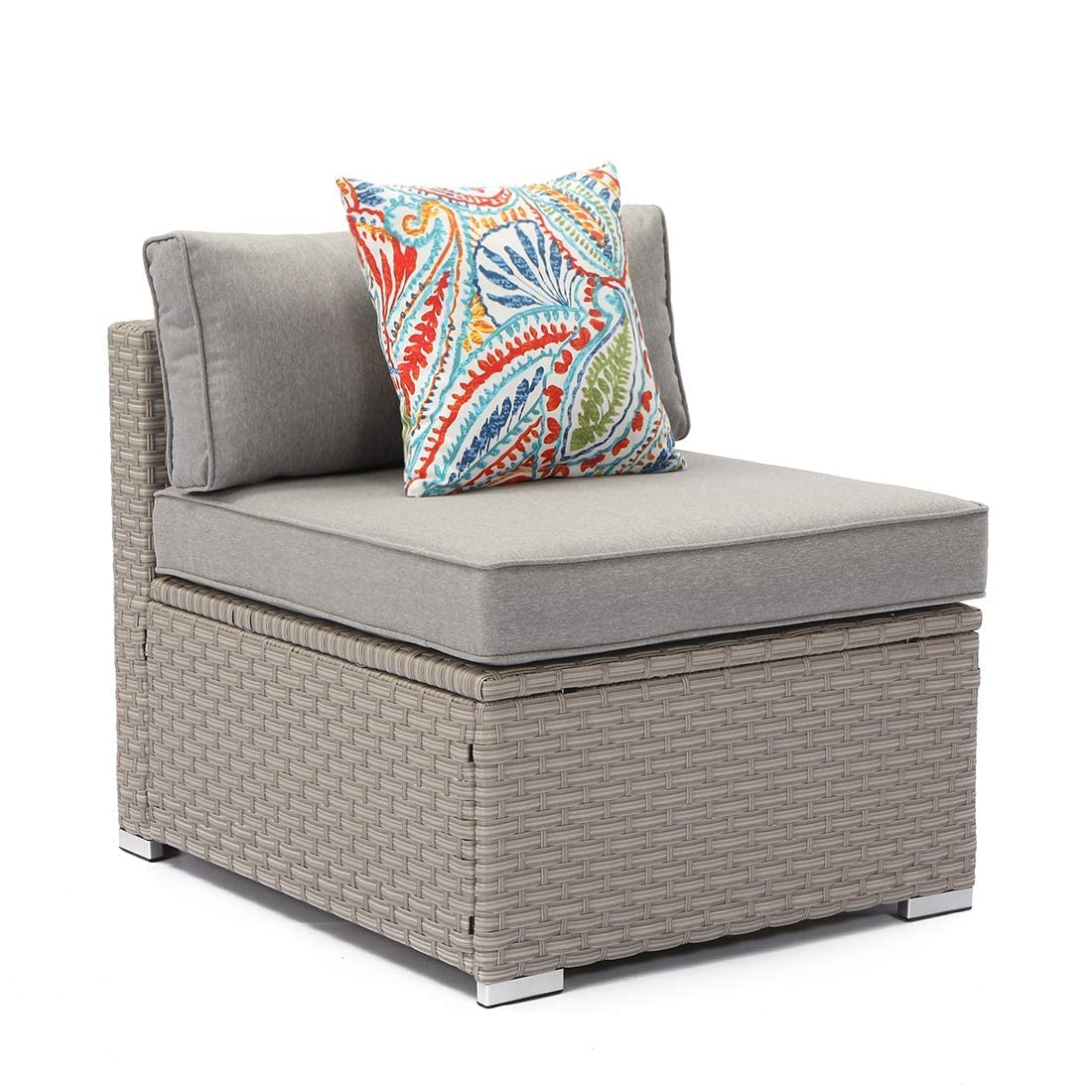 Outdoor Armless Chair for Wicker Sectional Sofa Set - Gray Thick Cushions & Floral Pillow | Patio, Garden, Poolside, Backyard Relaxation