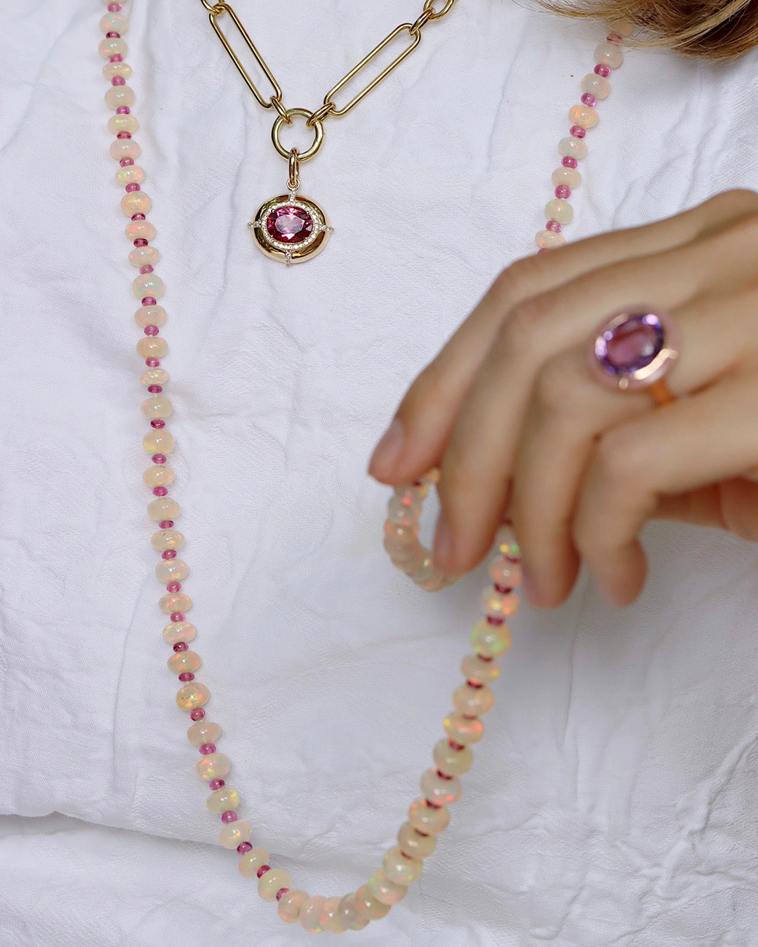 Goshwara Opal & Rubellite Beaded 18K Gold Necklace for Women - Elegant Statement Jewelry for Parties, Weddings & Special Occasions
