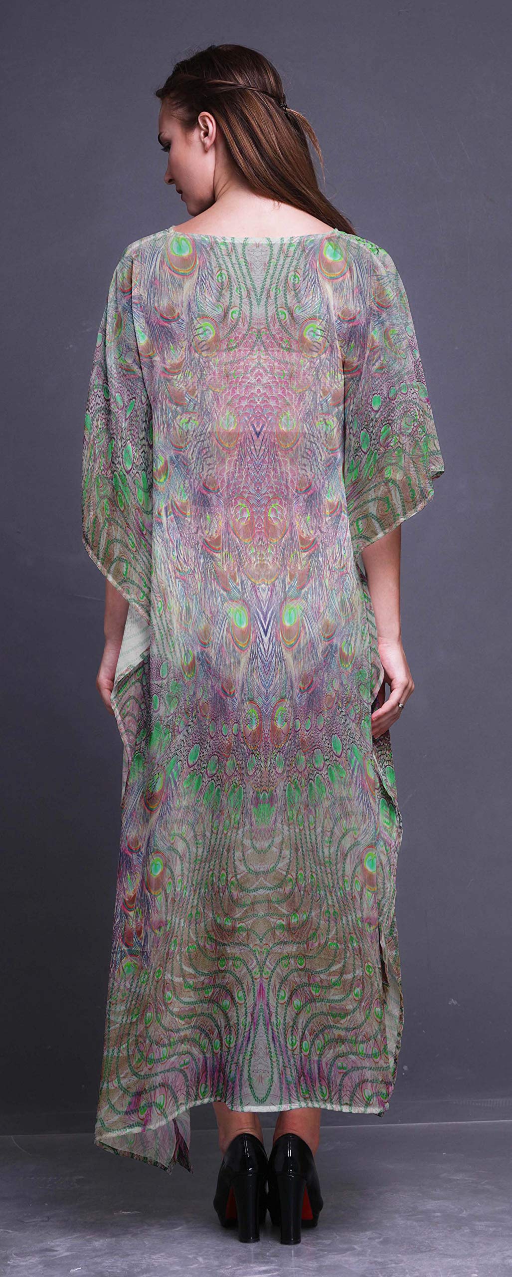 Elegant Peacock Feather Print Women's Long Beach Kaftan - Flowy Bikini Cover Up Maxi Dress for Summer Vacation, Pool Party & Boho Fashion