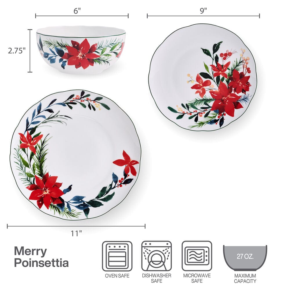 Merry Poinsettia 12-Piece Dinnerware Set - Service for 4 People - Elegant Holiday Tableware for Christmas Dinner & Festive Gatherings