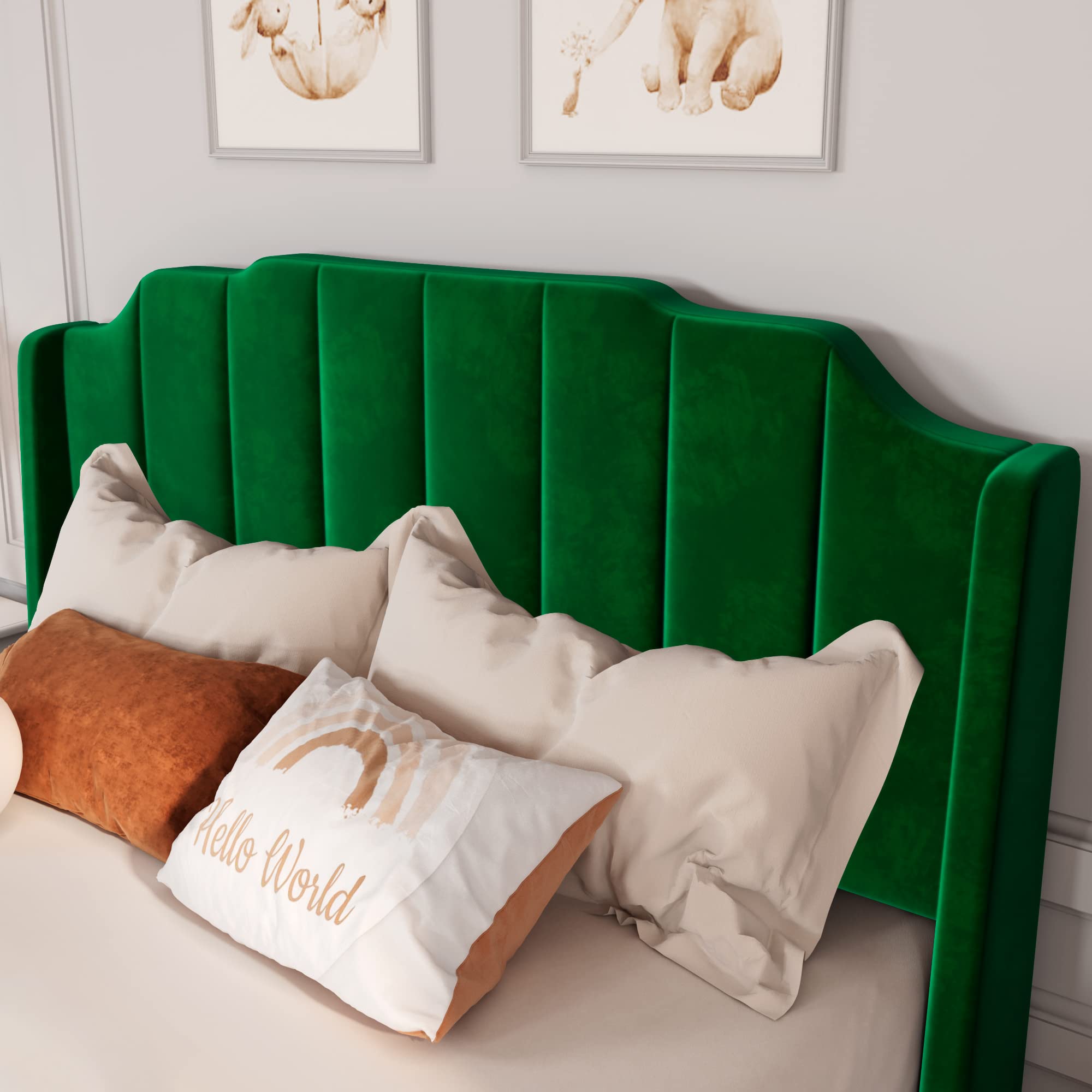 Allewie Queen Size Velvet Upholstered Platform Bed Frame with Vertical Headboard & Footboard - Solid Wood Legs & Reinforced Slat Support - No Box Spring Required - Easy Assembly - Emerald Green - Perfect for Modern Bedrooms & Guest Rooms