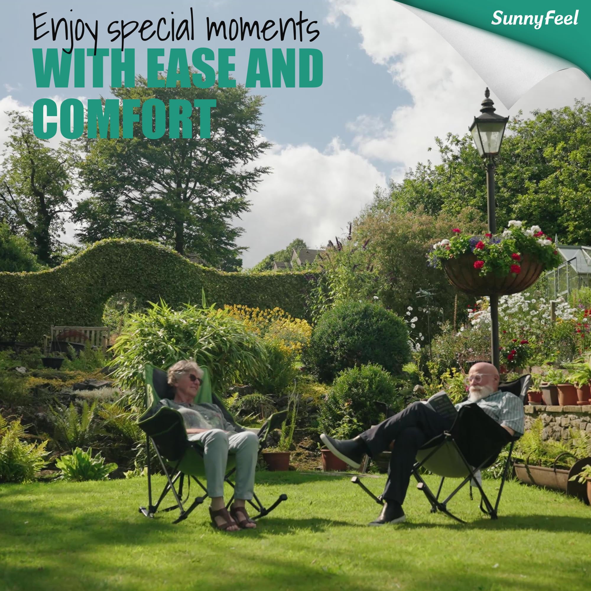 **SUNNYFEEL Premium Rocking Camping Chair - Heavy Duty Oversized Folding Recliner with Padded Seat & Storage Pocket - Portable Outdoor Lounge Chair for Camping, Picnic, Beach, Patio & Backyard Relaxation**