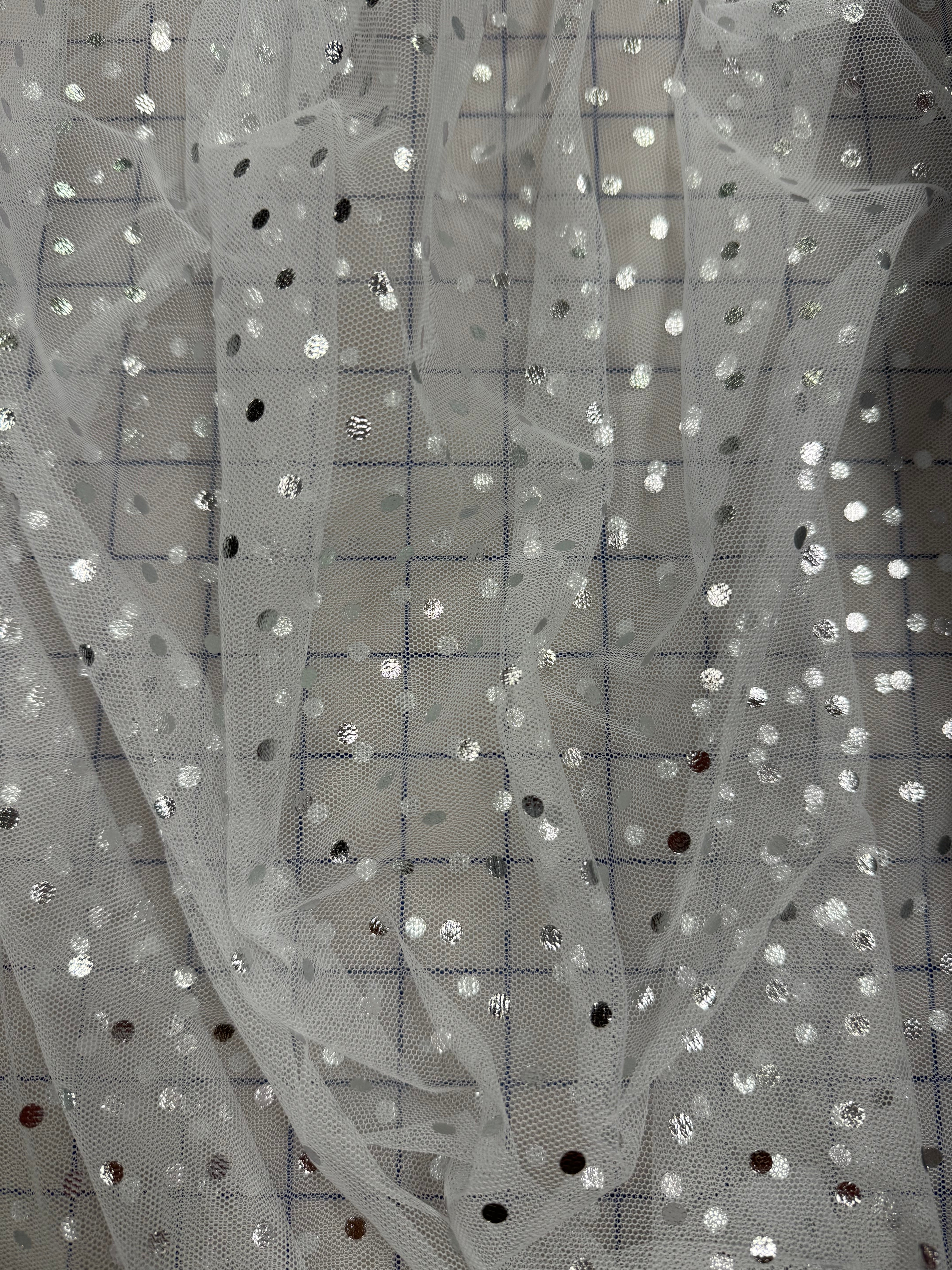 Premium Polyester Mesh Foil Tulle Fabric - 58/60 Inches Wide - White & Silver - Perfect for Wedding Decor, Costume Design, and DIY Craft Projects