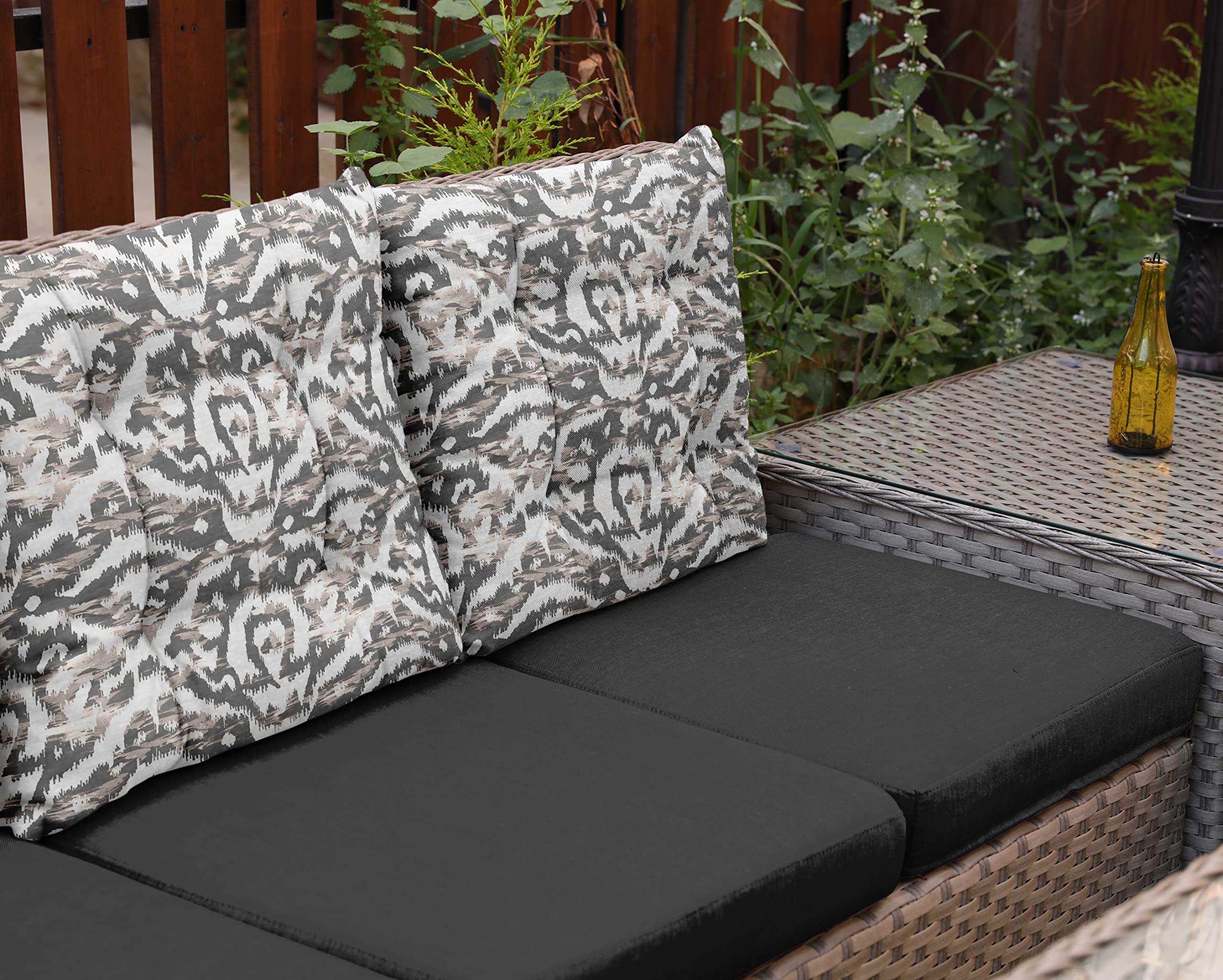 Premium Water-Resistant Tufted Square Patio Cushion Set of 2 - Indoor/Outdoor Furniture Seat Cushions 19x19 Inches, Stylish Gray Ikat Print - Perfect for Garden, Deck, Poolside & Outdoor Lounge Chairs
