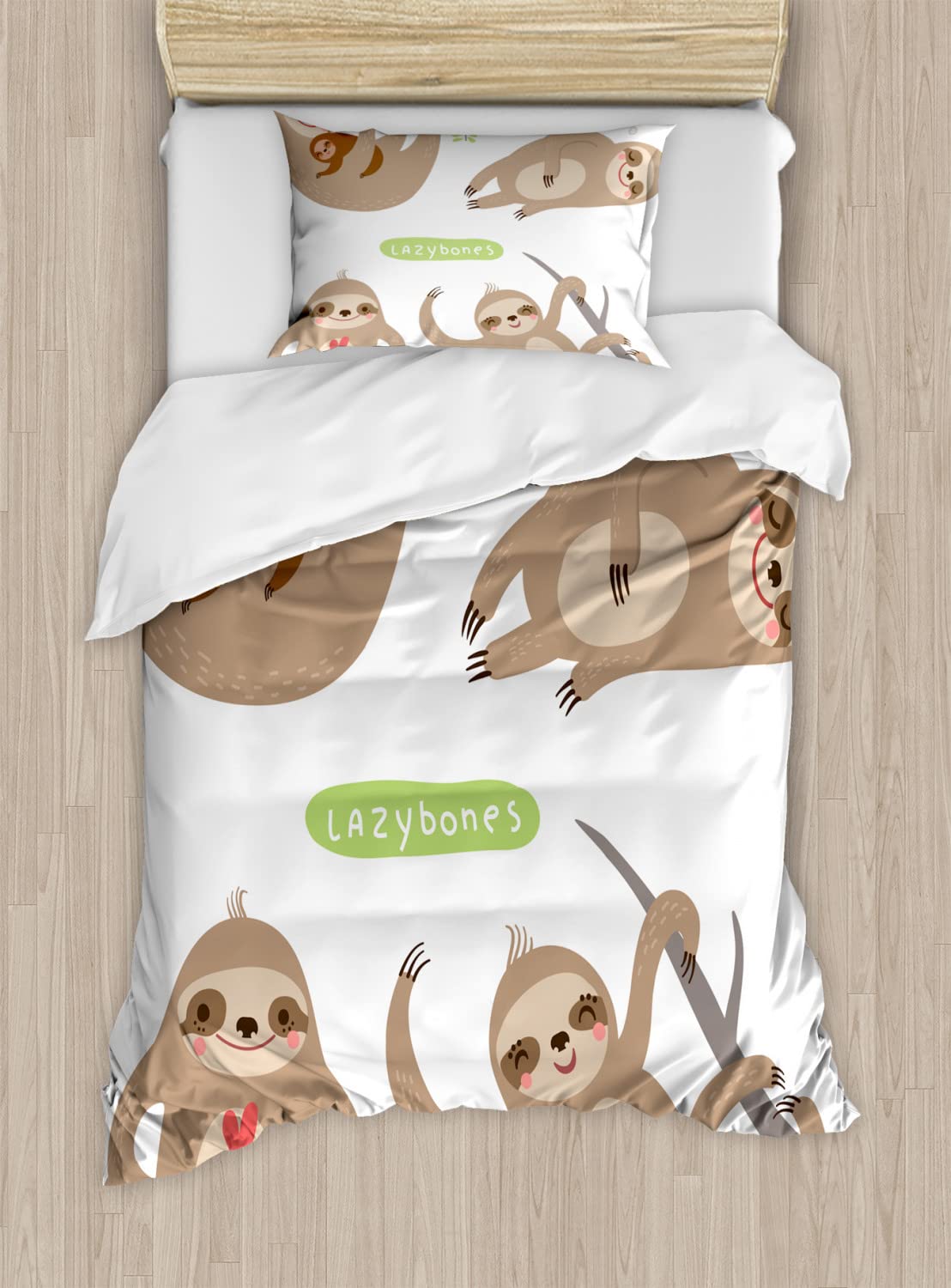 Ambesonne Sloth Duvet Cover Set - Funny Lazy Sloths Hugging Family Design, 2-Piece Queen Size Bedding Set with 4 Pillowcases, Soft Pale Brown Grey Green - Perfect for Cozy Family Bedrooms & Kids Rooms