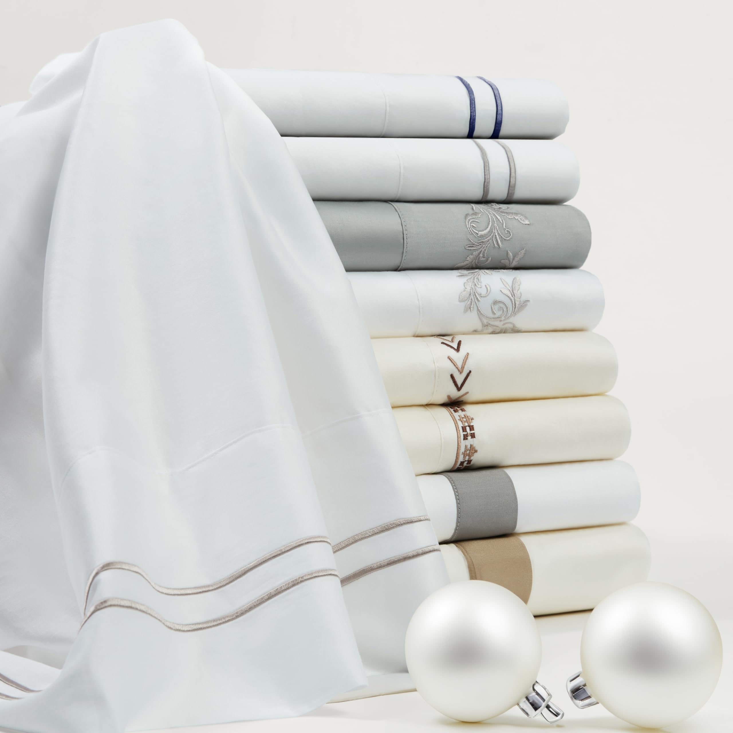 Premium 350 Thread Count 100% Cotton Queen Sheet Set - White & Gray Embroidered Scroll Design, 4-Piece Bedding (1 Flat Sheet, 1 Fitted Sheet, 2 Pillowcases) - Classic Modern Luxury for Master Bedroom, Guest Room & Airbnb Stays