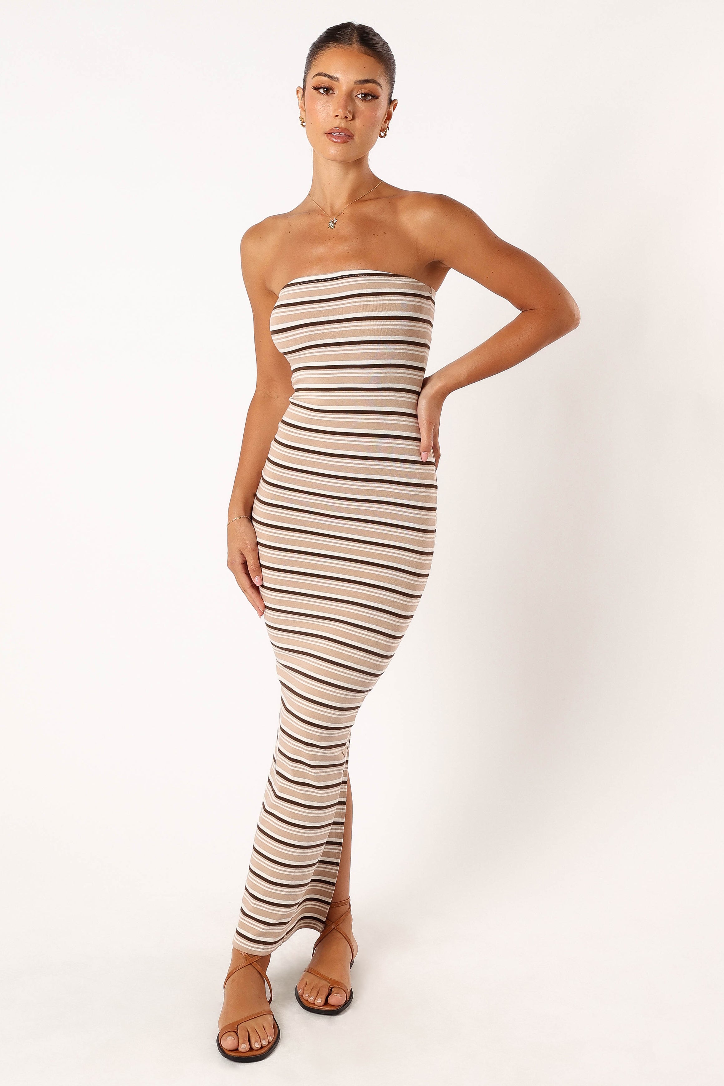 Hunter Strapless Maxi Dress - Cream Stripe Floral Print Summer Beach Dress for Women, Perfect for Vacation, Wedding Guest & Outdoor Parties