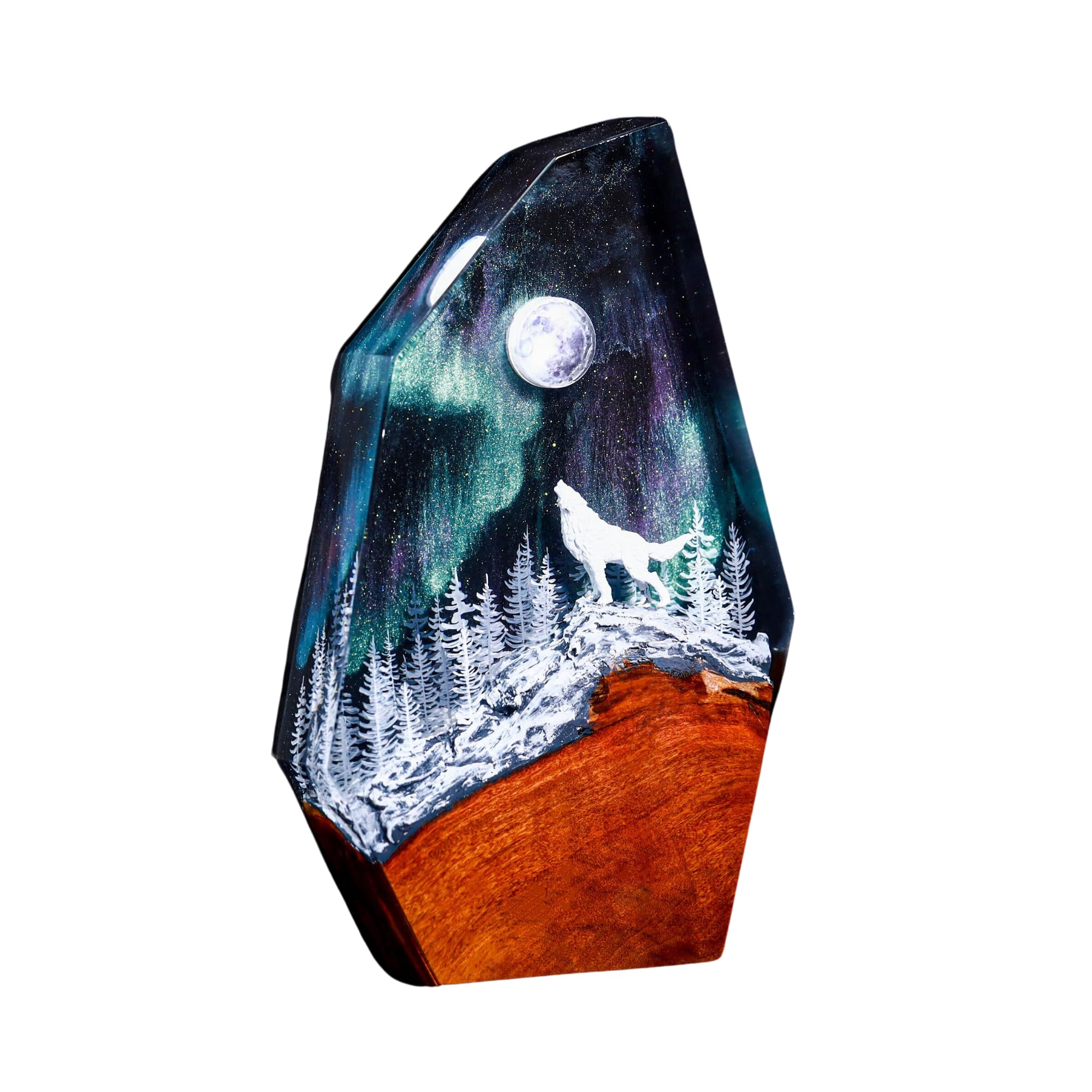 Howling Wolf Northern Lights Lamp - 12x7 Inch Aurora Borealis Night Light, Resin Wood Base, Unique Home Decor Gift for Her, Him, Friends - Perfect for Bedroom, Living Room, Office & Meditation Spaces