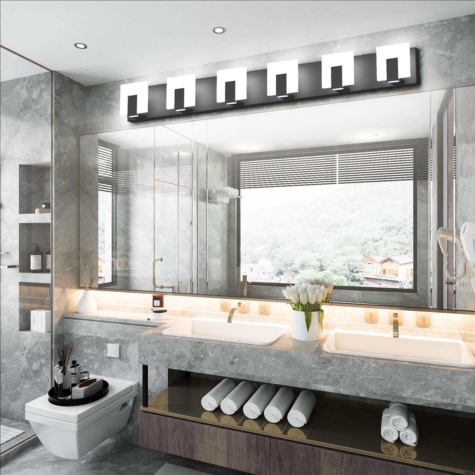 Aipsun 6-Light Modern Black LED Vanity Light Fixture - Up and Down Lighting for Bathroom Wall Mirror - 6000K Cool White - Perfect for Makeup, Shaving & Home Decor