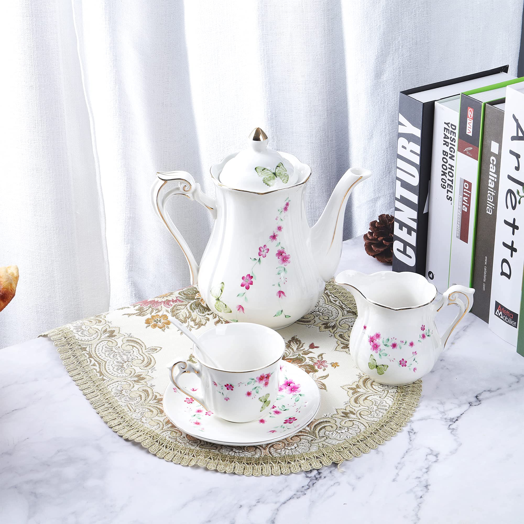 Fanquare 21-Piece Floral Butterfly Porcelain Tea Set - Spring Blossoms Tea & Coffee Service for 6, Perfect for Afternoon Tea Parties, Bridal Showers & Elegant Home Decor