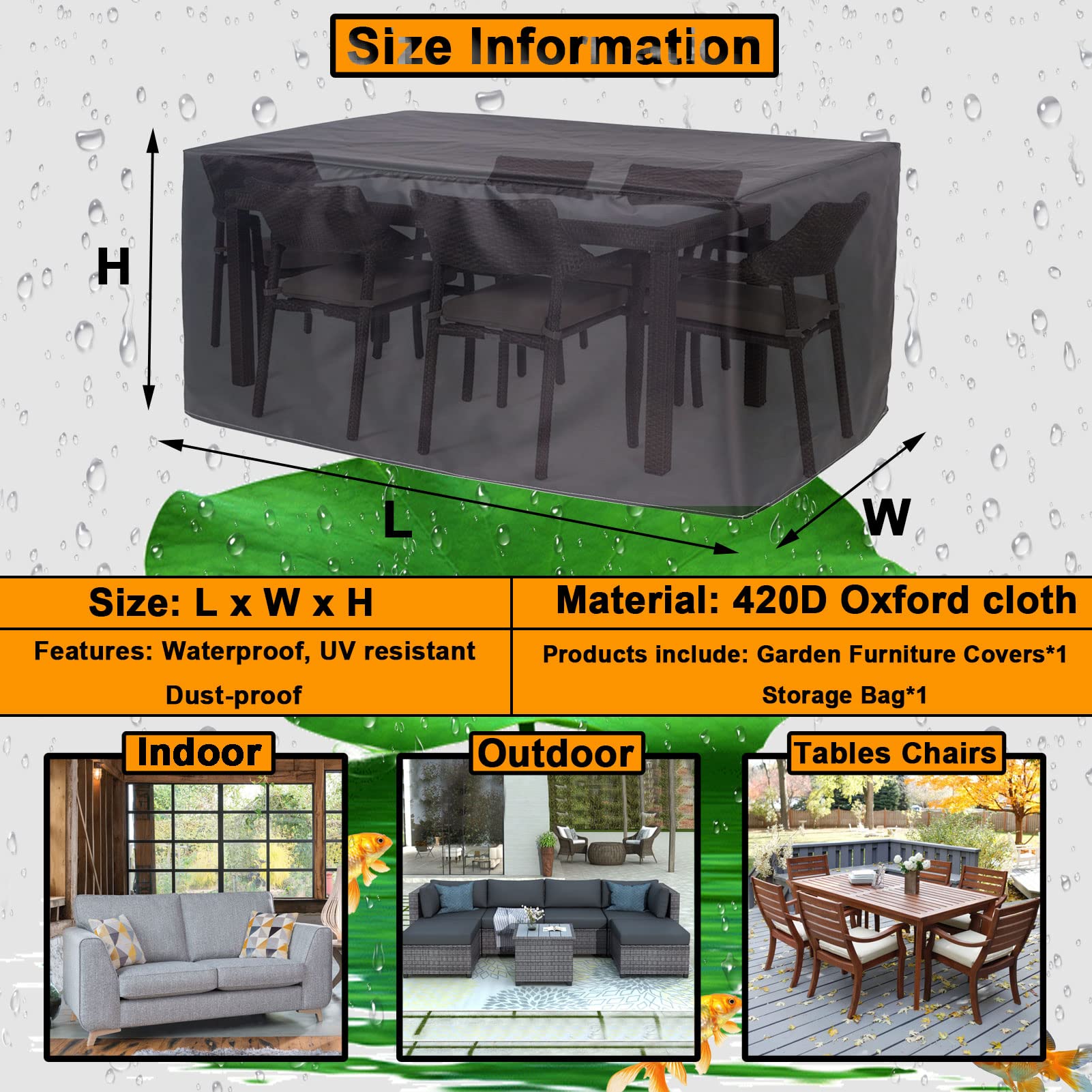 YSUEFIJO Black Waterproof Garden Furniture Covers 95x64x39in - Heavy Duty 420D Oxford Fabric Patio Table Cover for Rectangle & Square Outdoor Furniture - UV Resistant, All Weather Protection for Decks, Backyards & Poolside