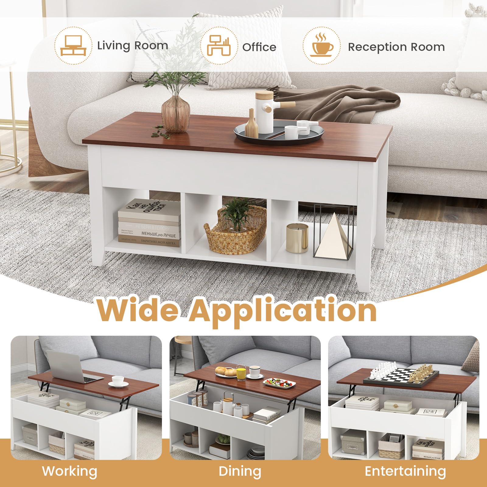 Lift Top Coffee Table with Hidden Storage Compartment & Display Shelves - Retro Style Living Room, Bedroom & Office Furniture - White & Brown Tea Dining Table for Small Spaces & Home Decor