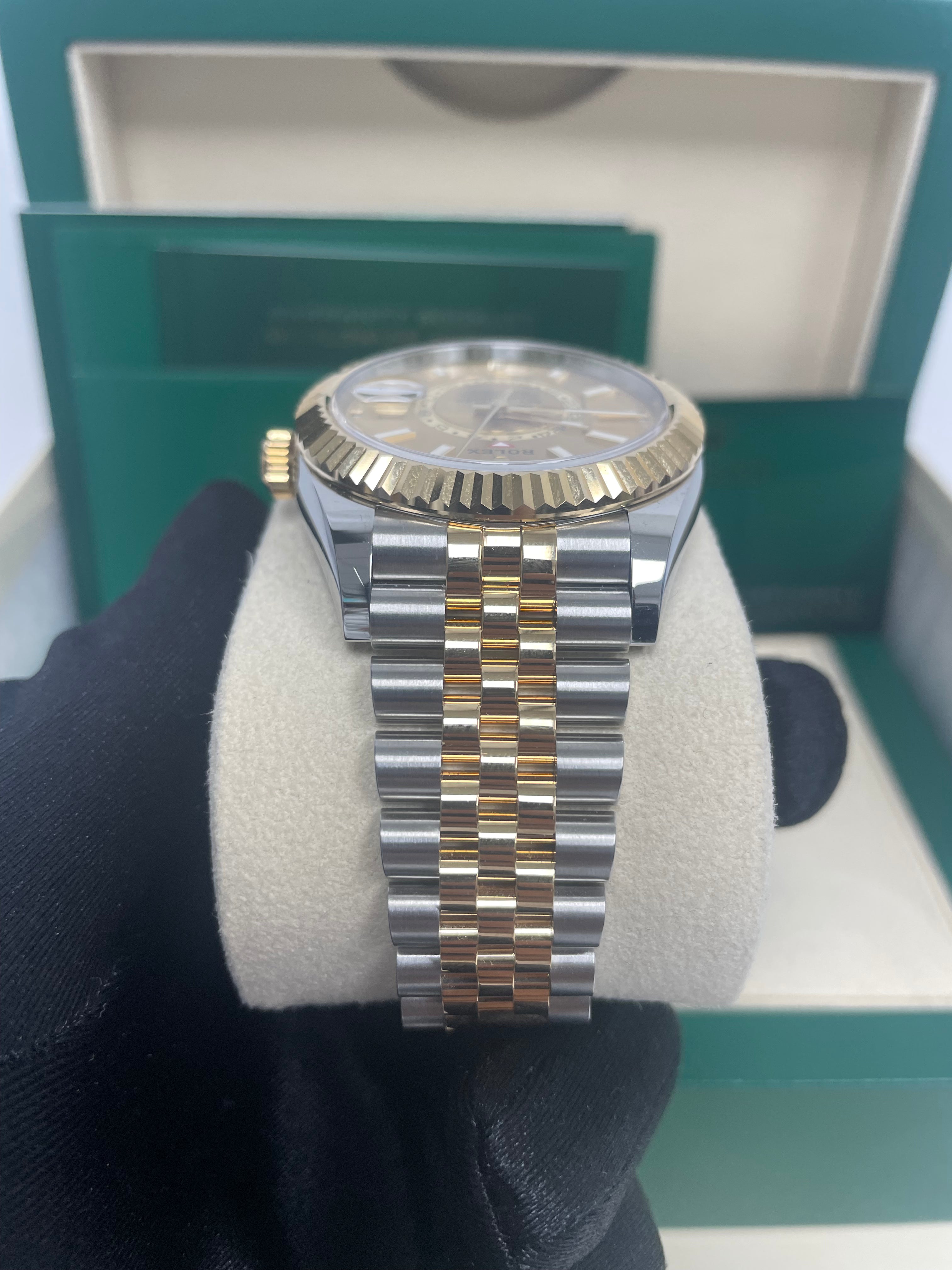 Rolex Sky-Dweller Two-Tone Stainless Steel & Yellow Gold Watch with Champagne Index Dial and Jubilee Bracelet (Ref# 326933) - Luxury Timepiece for Business Travelers and Watch Collectors