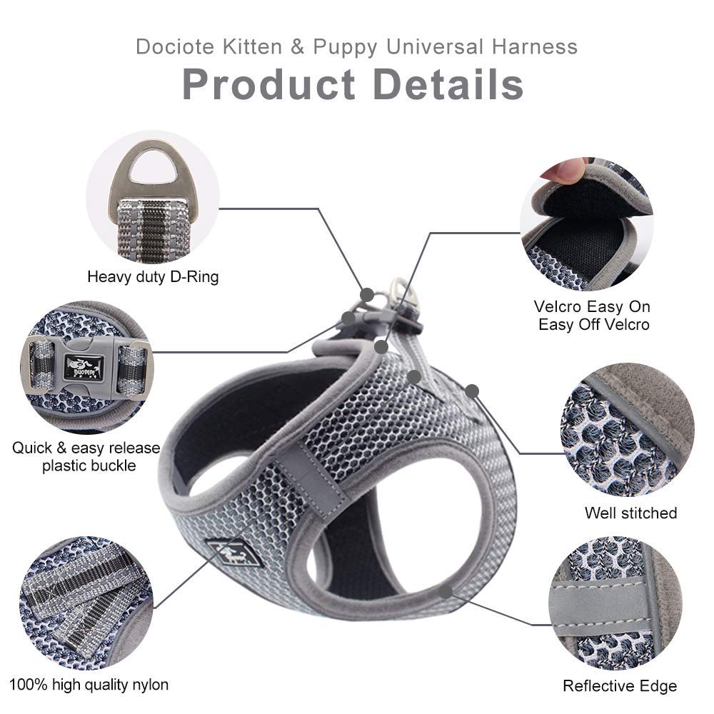 Escape-Proof Adjustable Reflective Pet Harness with Leash for Small & Medium Dogs & Cats - Soft Mesh Comfort Fit No-Pull No-Choke Design (XS, Grey) - Perfect for Walking, Training & Outdoor Adventures