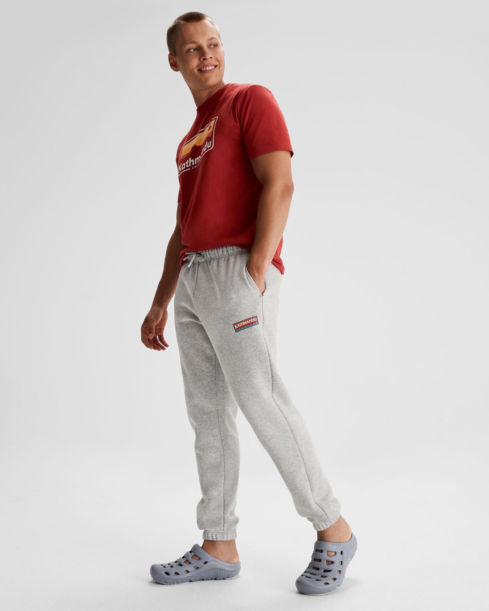Men's Kathmandu Heritage Logo Slouchy Jogger Pants - Light Grey Marle Comfortable Lounge & Casual Wear for Travel & Home Relaxation