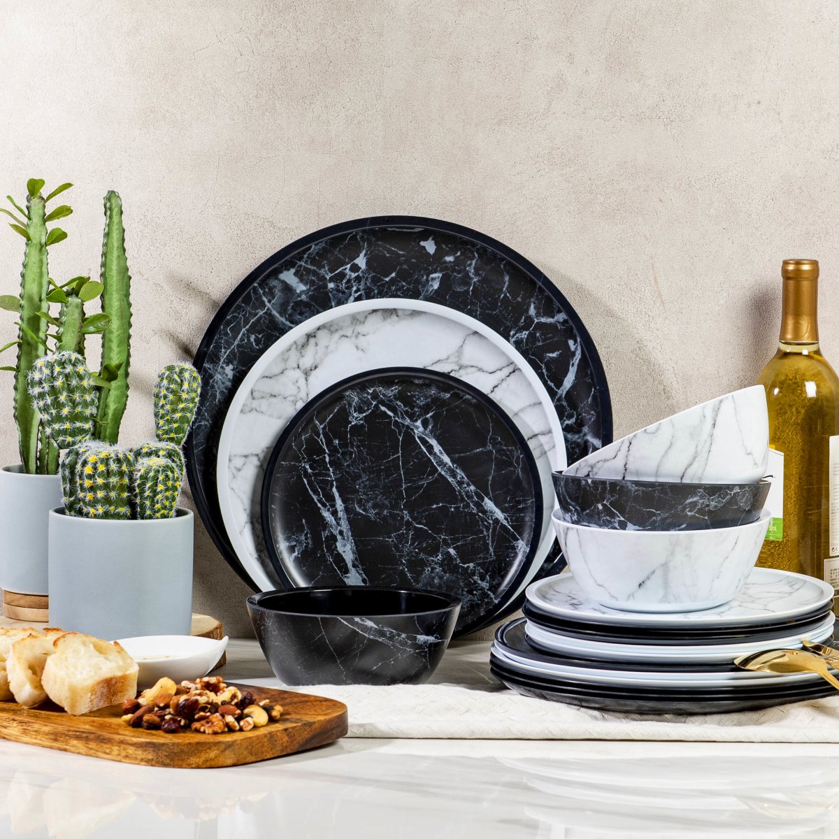2-Piece Marble Melamine Round Platter Set - Black & White - Perfect for Serving Appetizers, Desserts, and Party Snacks