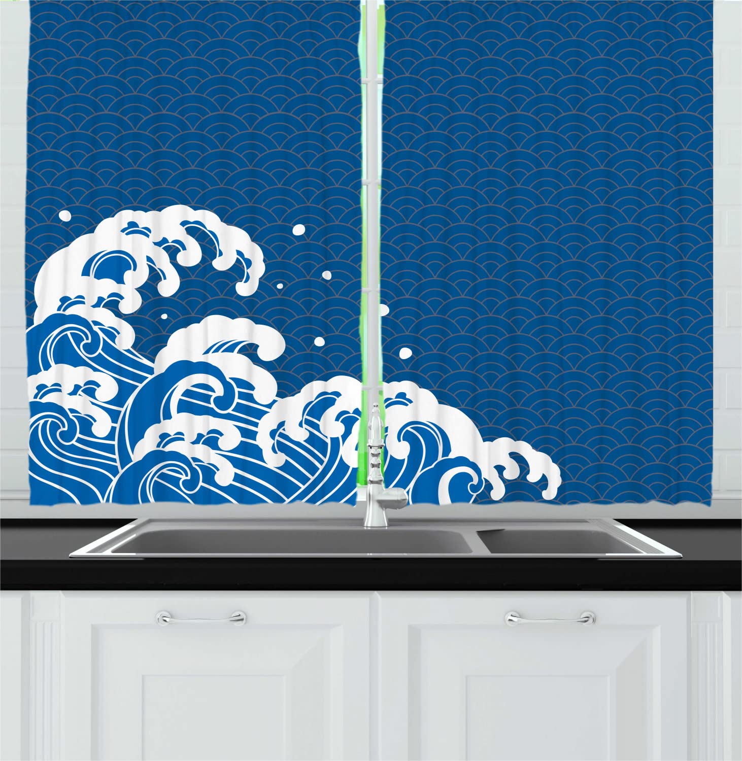 Ambesonne Japanese Wave Long Kitchen Curtains - Oriental Style Folk Surf Modern Design, 2 Panels with Rod Pocket, 55