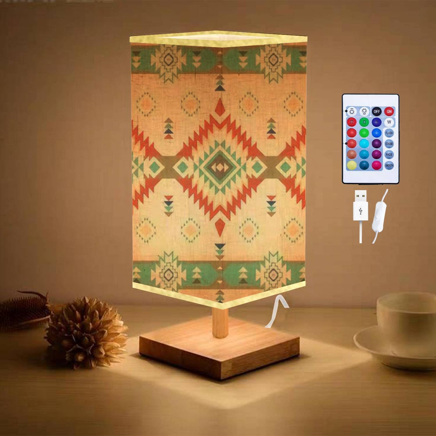 Handcrafted Native American Southwest Navajo Tribal Geometric Print Wooden Table Lamp with Flaxen Fabric Shade - Dimmable Nightstand & Desk Lamp for Bedroom, Living Room | Perfect for Southwest Decor, Cozy Reading Nook & Ambient Lighting