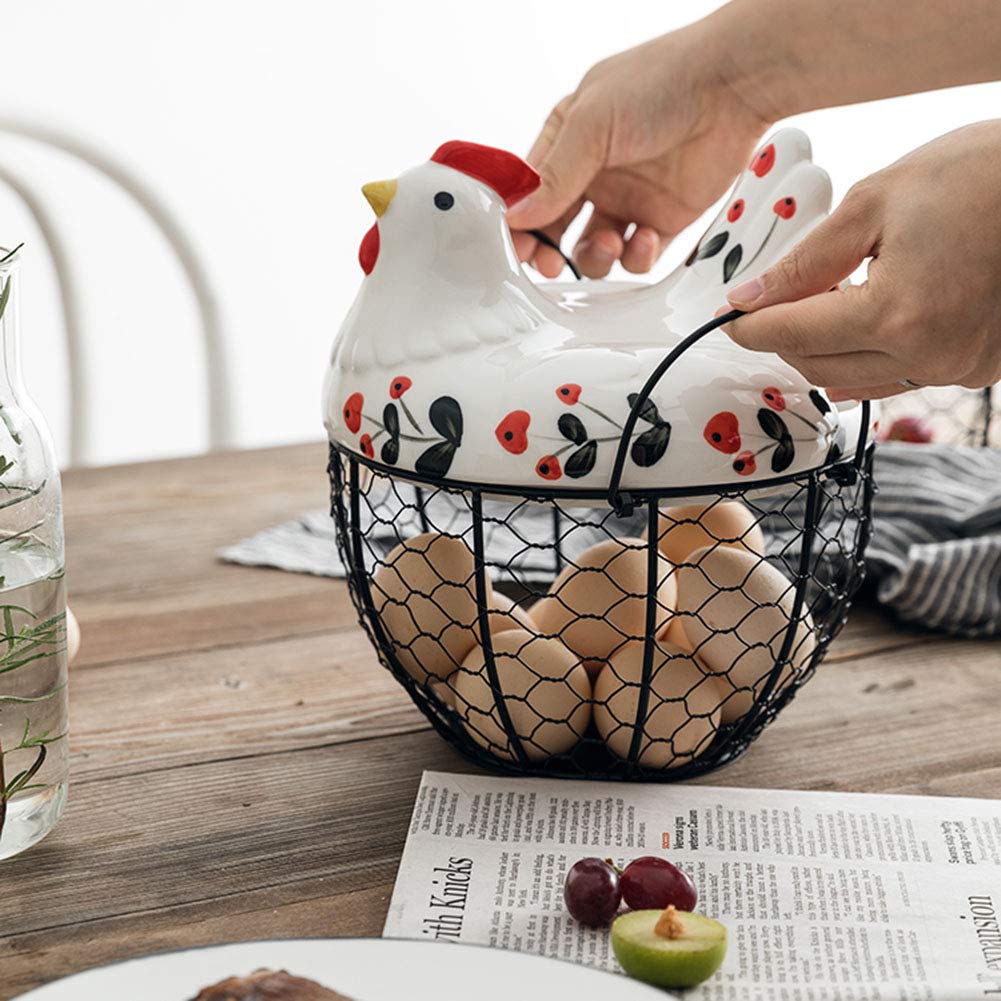 Hand-Painted Wrought Iron Egg Storage Basket - Creative Kitchen Organizer for Ginger, Garlic, Potatoes & Fruits - Rustic Ceramic Hollow Container for Farmhouse & Country Style Kitchens