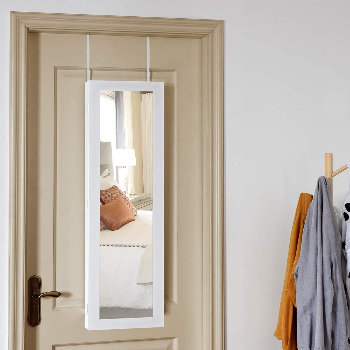 Byroce Jewelry Armoire Cabinet with Full Length Mirror - Lockable Over The Door Jewelry Organizer with 12 LED Lights for Women & Girls - Perfect for Bedroom, Closet or Dressing Room Organization