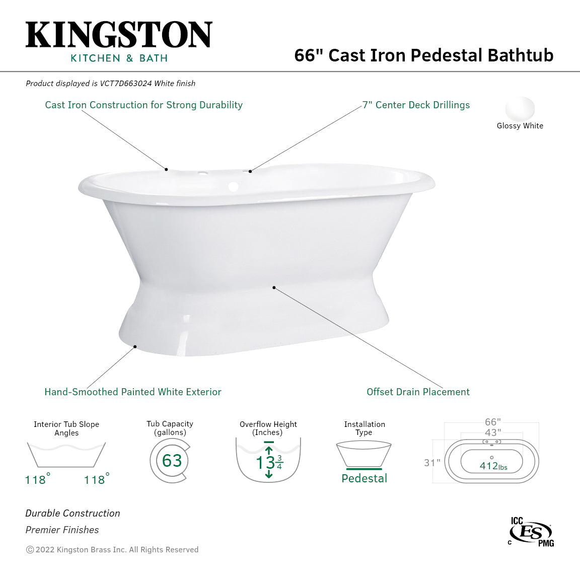 Aqua Eden 66 Inch White Cast Iron Oval Double Ended Pedestal Bathtub with 7 Inch Faucet Drillings - Freestanding Soaking Tub for Luxury Bathroom & Spa Relaxation
