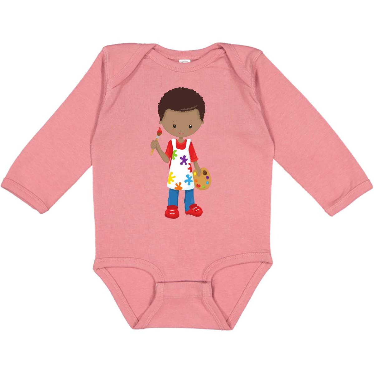 Inktastic African American Boy Painter Artist Long Sleeve Creeper - Soft Cotton Baby Bodysuit for Creative Kids & Art Lovers, Perfect for Playdates, Family Photos & Artistic Events