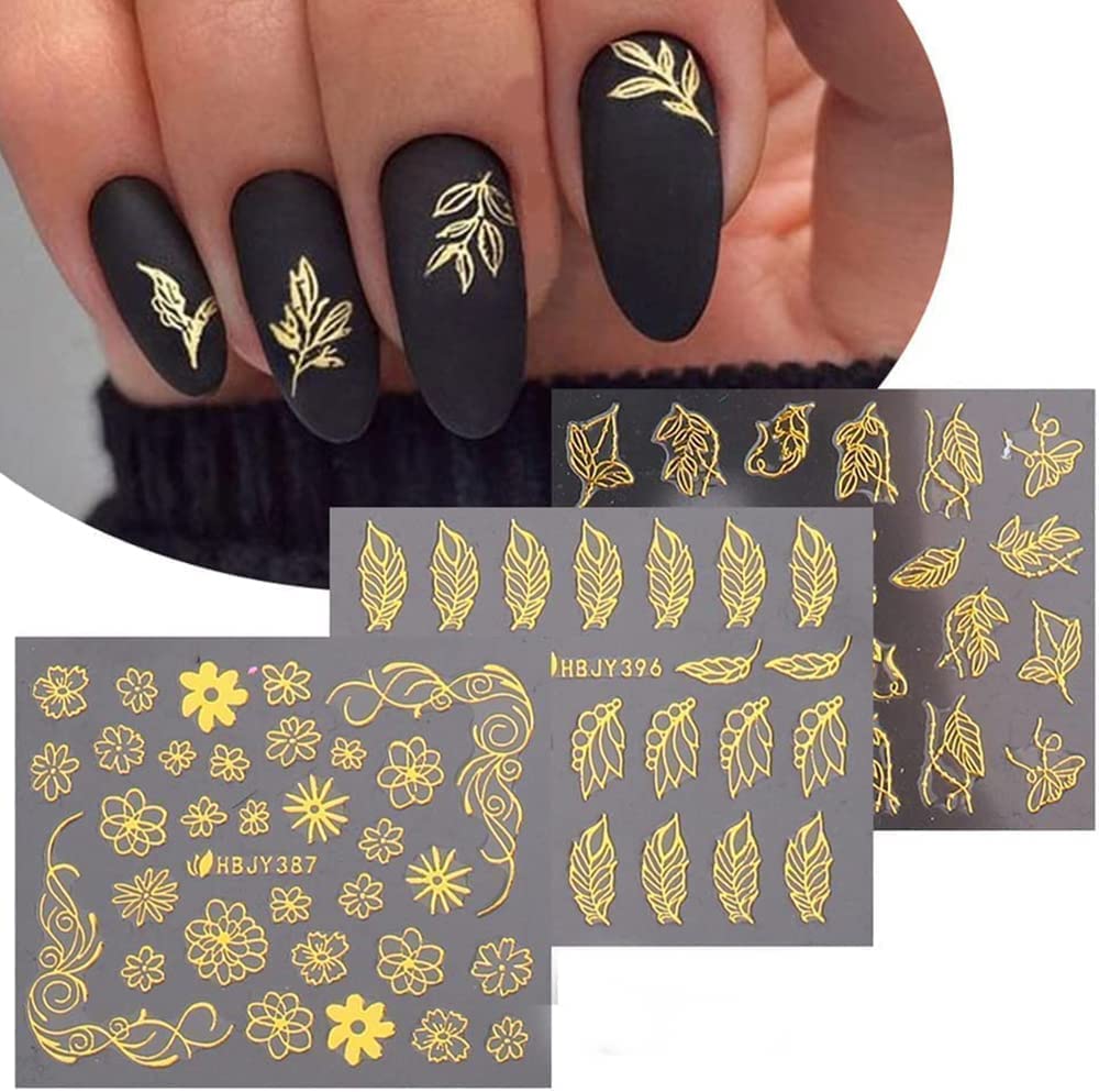 3D Gold Floral Nail Art Stickers - Self Adhesive Nail Decals with Leaves & Flowers for Women & Girls (12 Styles) - Perfect for Parties, Weddings, and Special Occasions