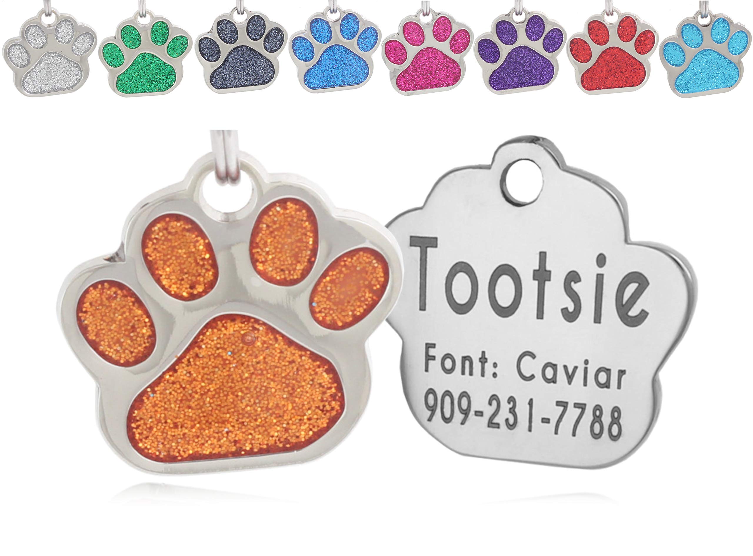 Custom Engraved Glitter Paw Print Pet ID Tag - Personalized Bling Dog & Cat Collar Tag for Safety & Style | Perfect for Daily Walks, Travel & Gifts
