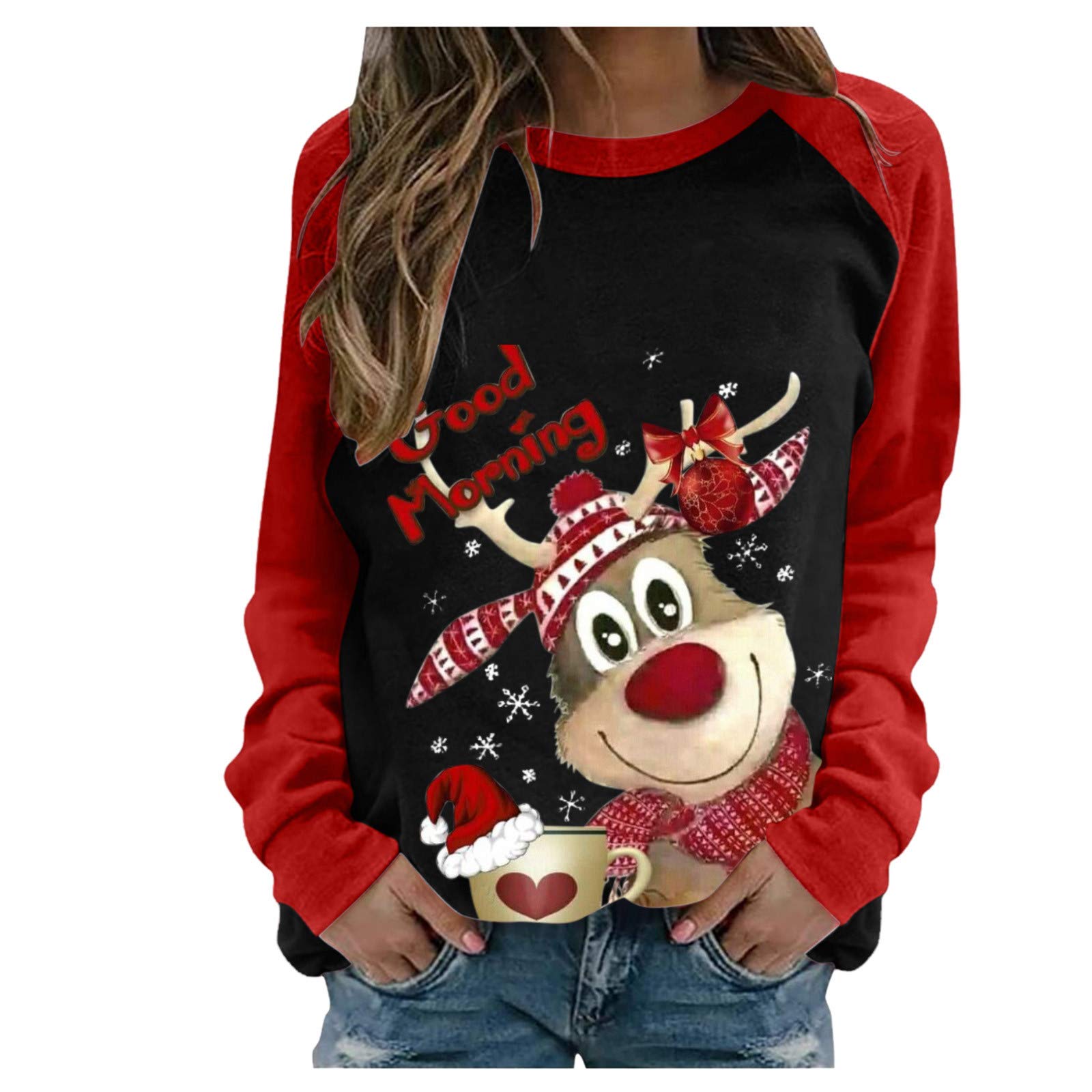 Women's Casual Raglan Sleeve Printed T-Shirt - Christmas Themed Long Sleeve Top for Work & Summer Wear | Office, Holiday Party, Everyday Outfit