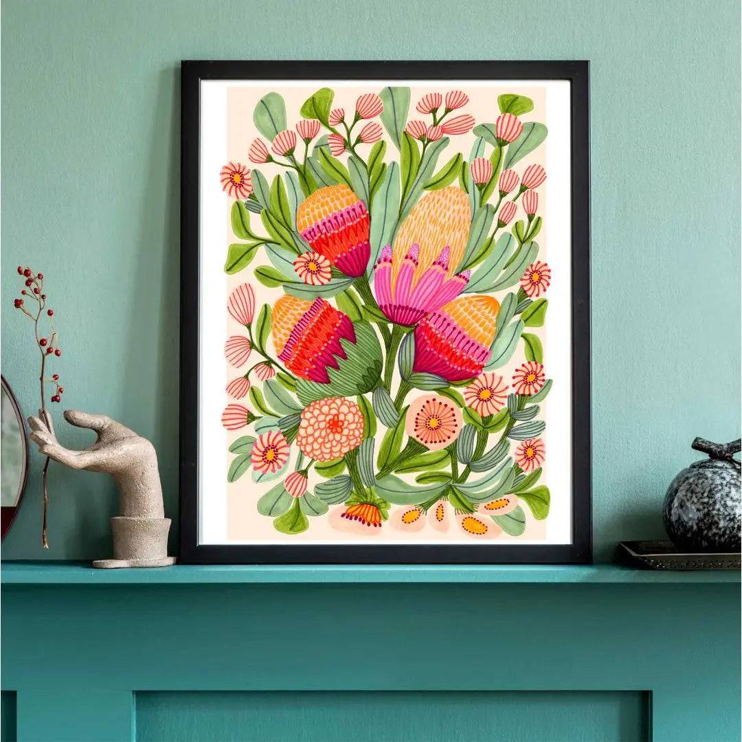 Protea & Gum Blossoms Botanical Art Print - Premium Floral Wall Decor for Living Room, Bedroom & Office | Nature-Inspired Home Decor Gift