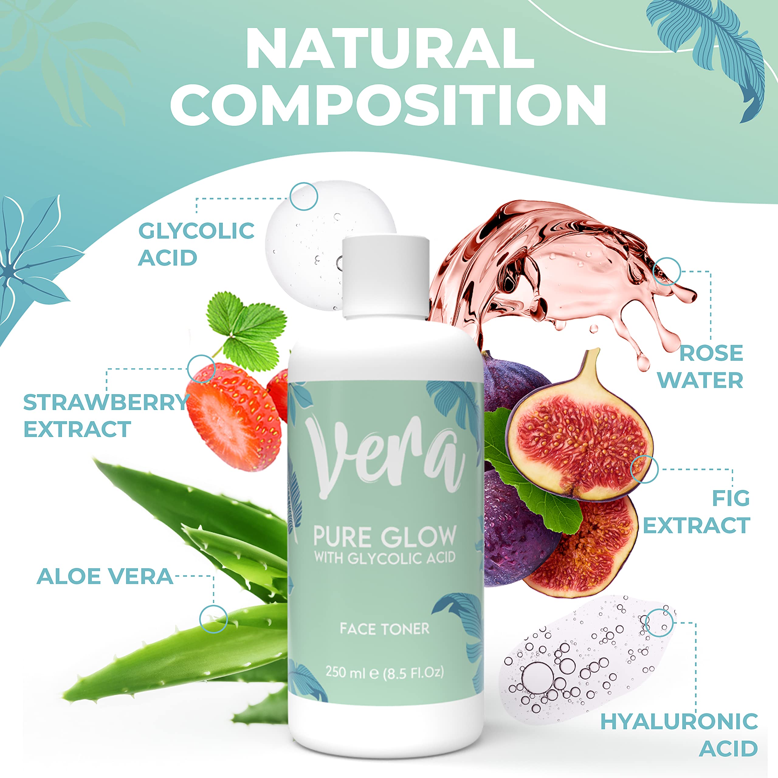 Vera AHA Glycolic Acid Toner with Hyaluronic Acid & Aloe Vera - Exfoliating Facial Toner, Cleanser & Spot Treatment - 250ml for Glowing Skin - Perfect for Daily Skincare Routine & Pre-Moisturizer Prep
