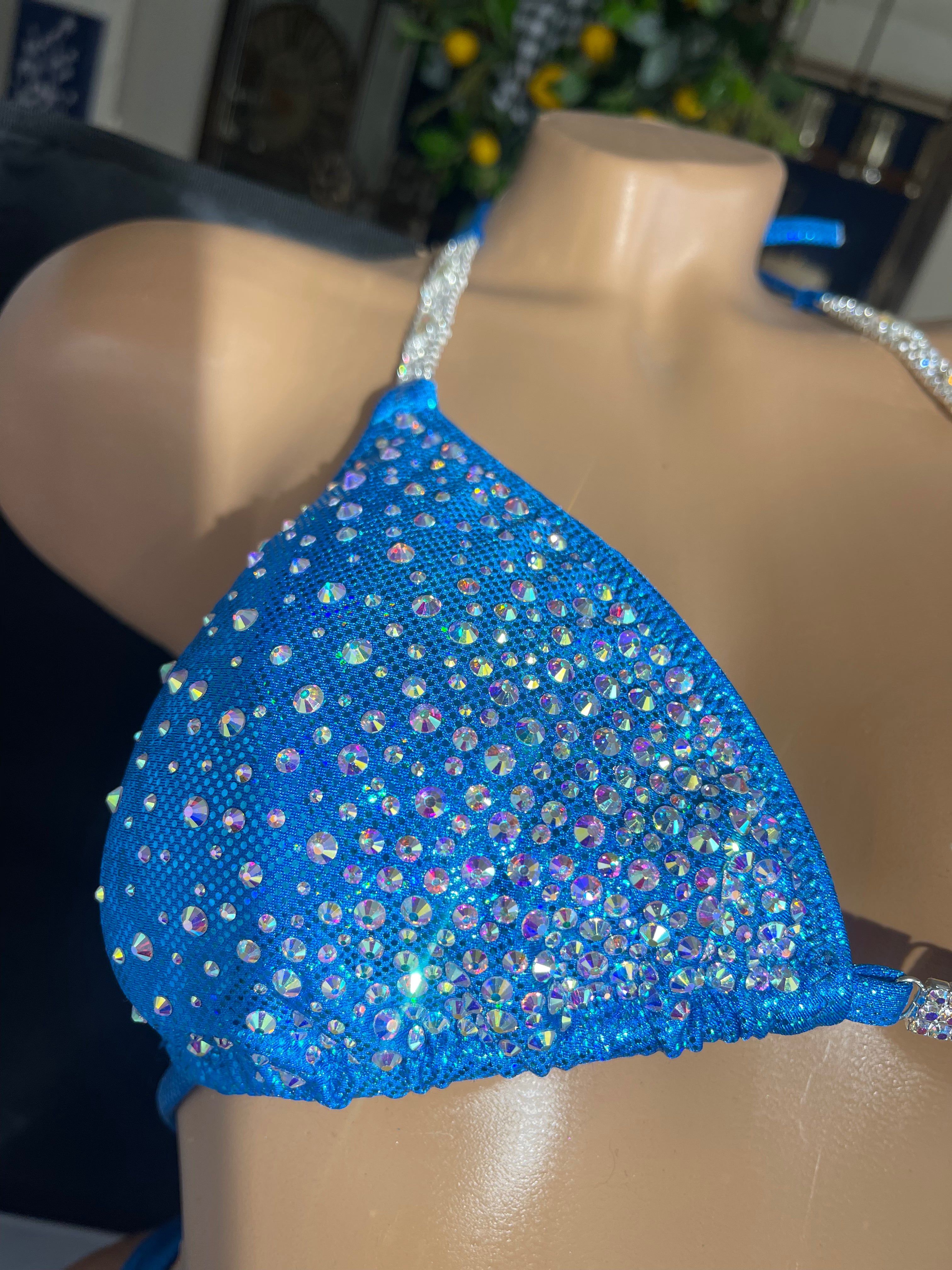 Stunning Turquoise Shattered Glass AB Rhinestone Burst Figure Physique Bodybuilding Posing Suit - Competition, Stage Performance, Fitness Shows