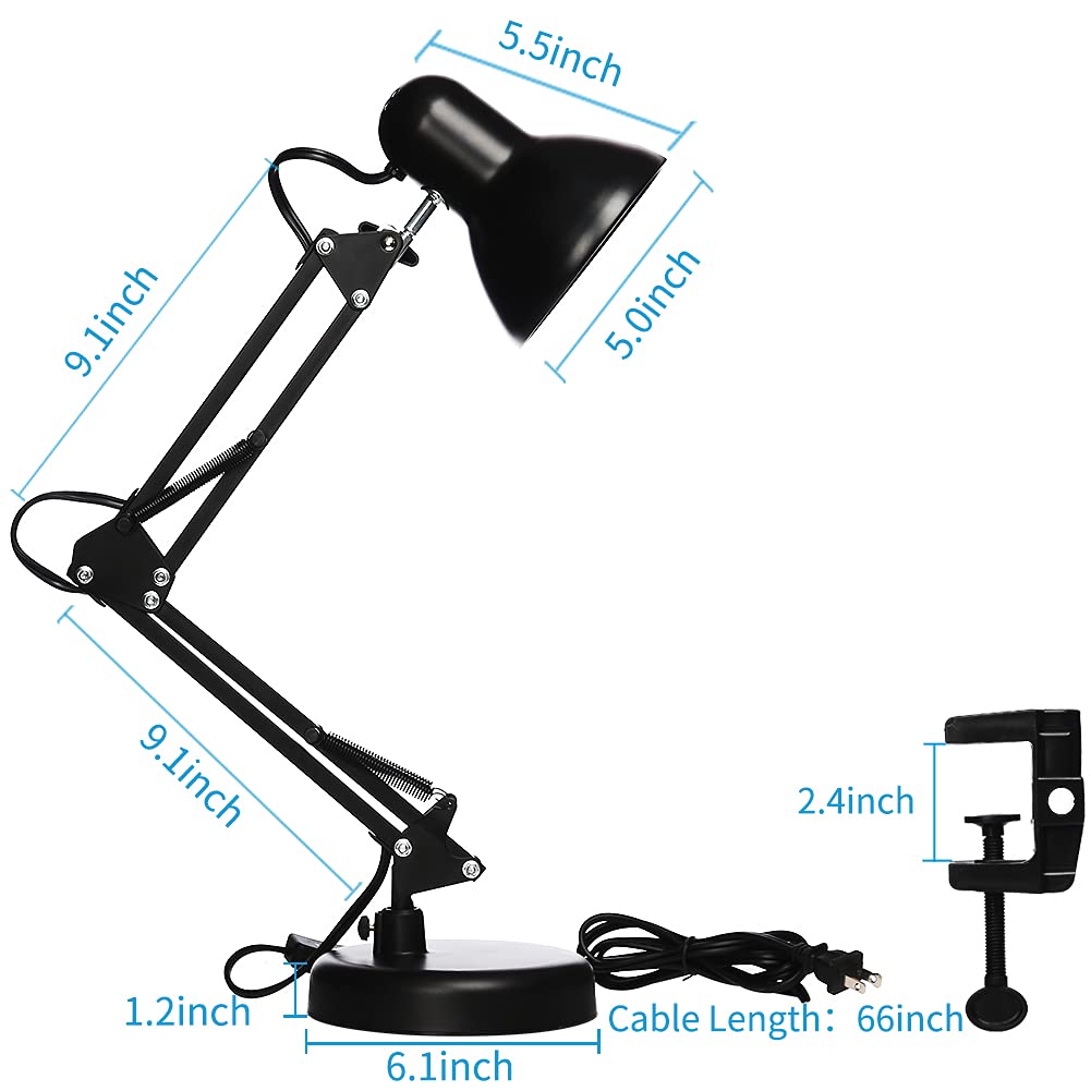LED Desk Lamp with Clamp - Adjustable Swing Arm Task Light with 6500K Cool White Bulb - Foldable Office Lamp for Studying, Reading, Computer Work & Eye Protection (Black) - Perfect for Home Office, Dorm Room & Workspace Lighting