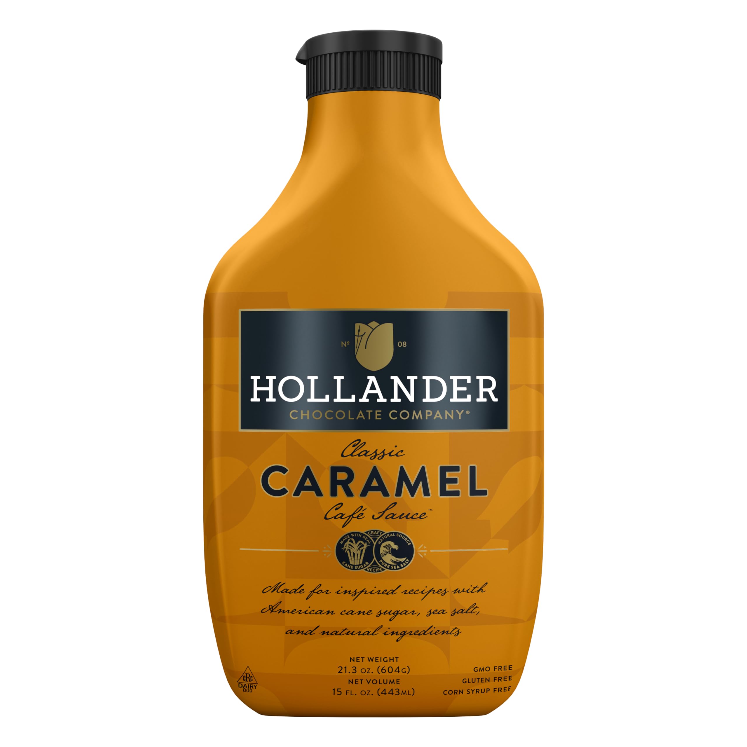 Hollander Caramel Café Sauce - Non-GMO, No Corn Syrup, Soy & Gluten Free - 15 fl oz Squeeze Bottle with Flip Top Cap - Perfect for Coffee, Desserts & Baking