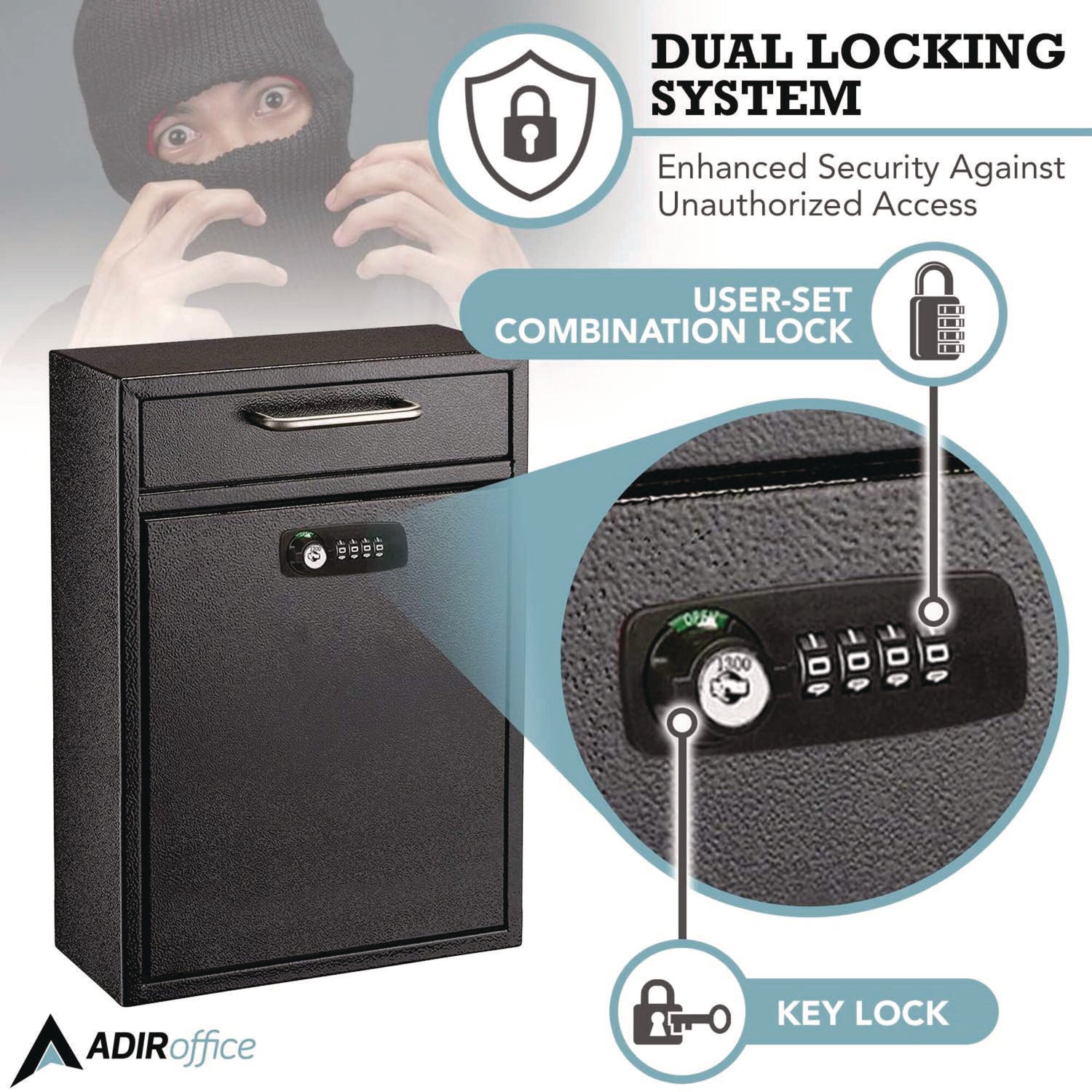 AdirOffice Large Secure Drop Box - Wall Mounted Locking Mailbox with Key & Combination Lock (11.2 x 4.7 x 16.2 Inches, Black) - Perfect for Home, Office, Apartment & Commercial Package Delivery Security