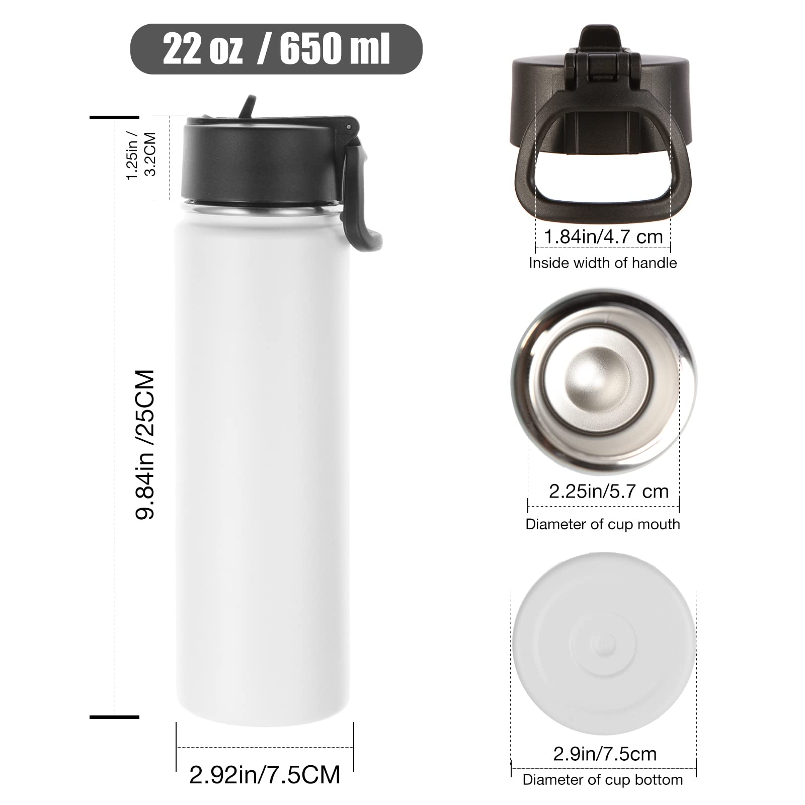 Volhoply 22 oz Insulated Stainless Steel Water Bottle with Straw & Handle Lid - 2 Pack, Double Walled Vacuum Insulation, Reusable Cold Drink Flask for School, Gym, Hiking & Outdoor Activities (White)