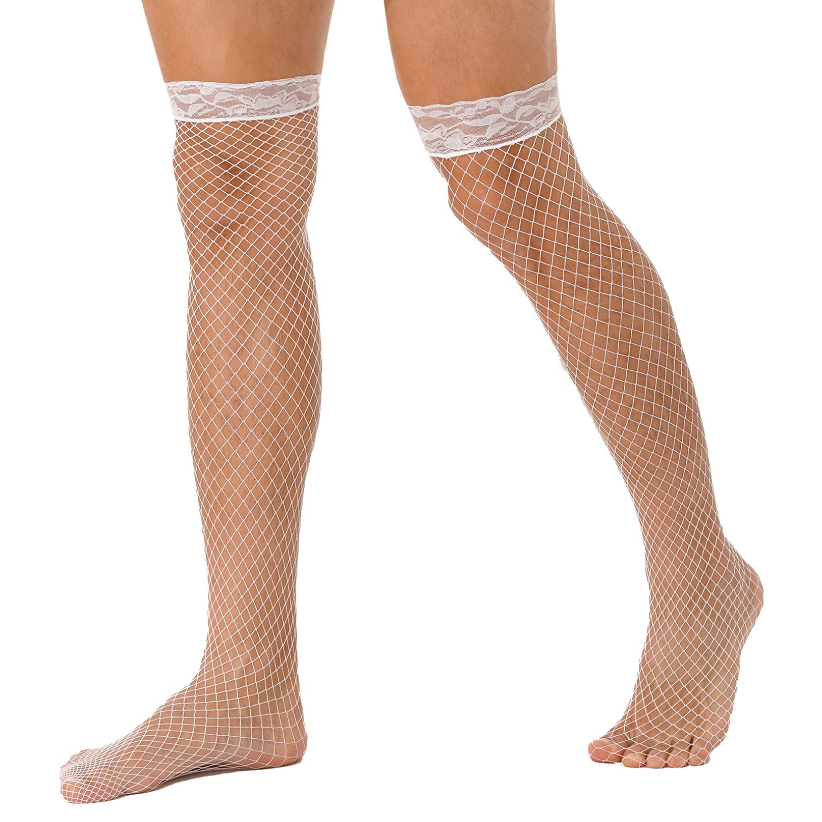 Freebily Men's Fishnet Lace Trim Stockings - Hollow Out Mesh Thigh-High Socks for Nightwear & Cosplay - Sexy Gothic Fashion Accessories for Parties, Halloween & Lingerie Outfits