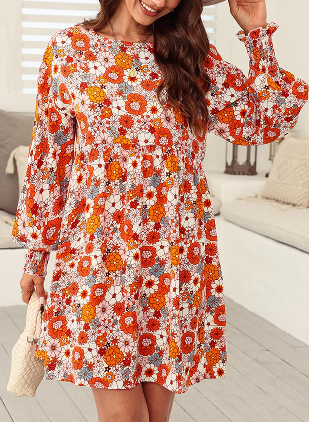 Dokotoo Women's Floral Boho Mini Dress - Long Sleeve Babydoll Swing Shift Dress for Spring Summer 2025 | Perfect for Casual Outings, Date Nights & Beach Vacations