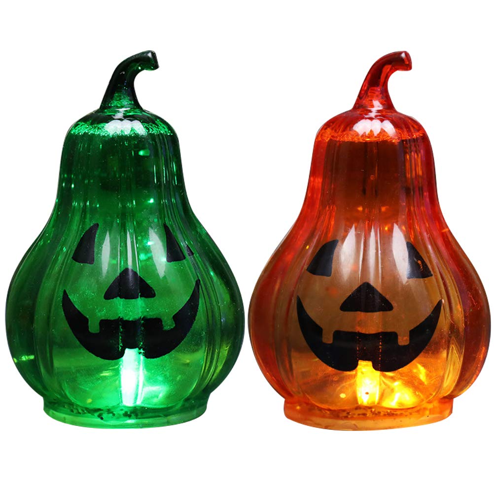 **2-Pack Halloween LED Glow Pumpkin Lights - Green & Orange Plastic Decor for Halloween Party, Home, Yard, and Indoor/Outdoor Decorations - Spooky Holiday Atmosphere**