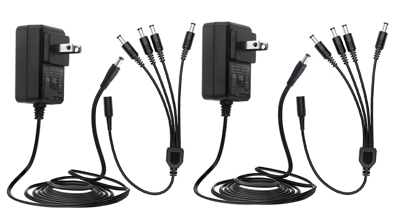 2-Pack AC 100-240V to DC 12V 2A Power Adapter with 4-Way Splitter Cable for CCTV Cameras, DVR, NVR & LED Lights - ETL/FCC/CE Certified - Perfect for Home Security Systems & DIY Lighting Projects