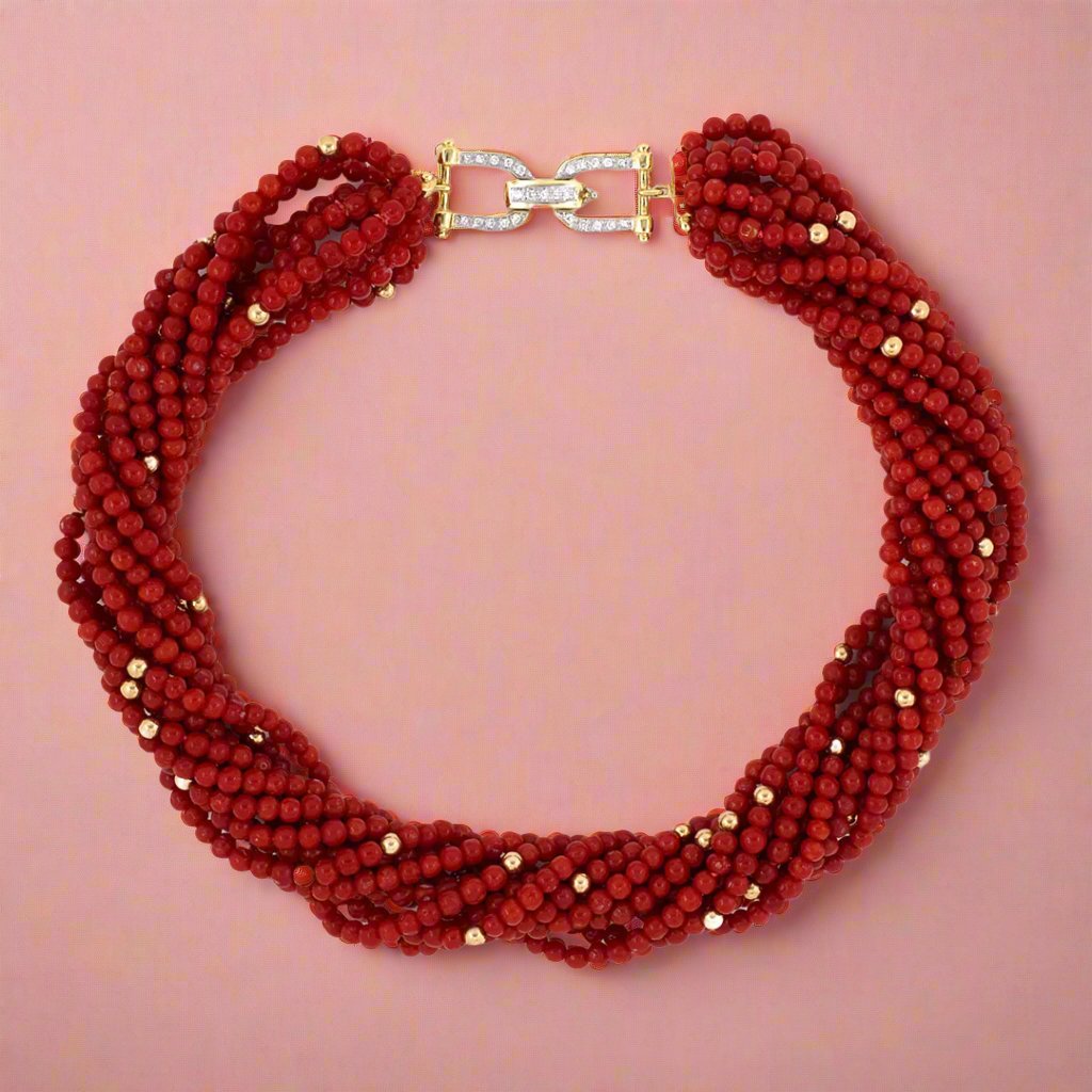 12 Strand Coral Torsade Necklace with Diamond Buckle Clasp - Elegant Beaded Jewelry for Women, Perfect for Weddings, Parties & Special Occasions