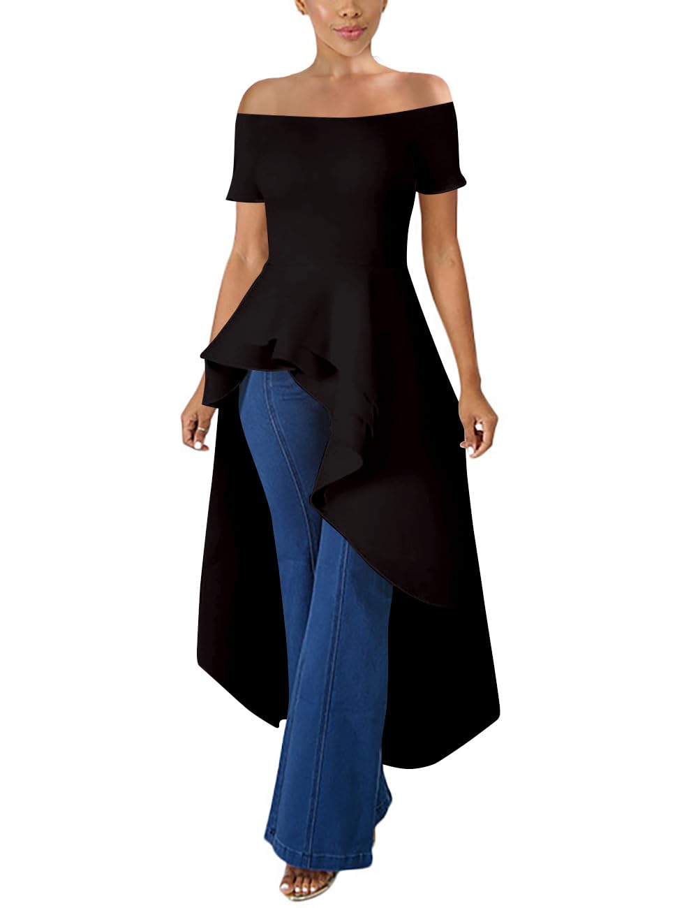 Lrady Women's Off Shoulder Ruffle Peplum Blouse - High Low Hem Short Sleeve Tunic Top for Party, Casual Wear & Summer Outfits