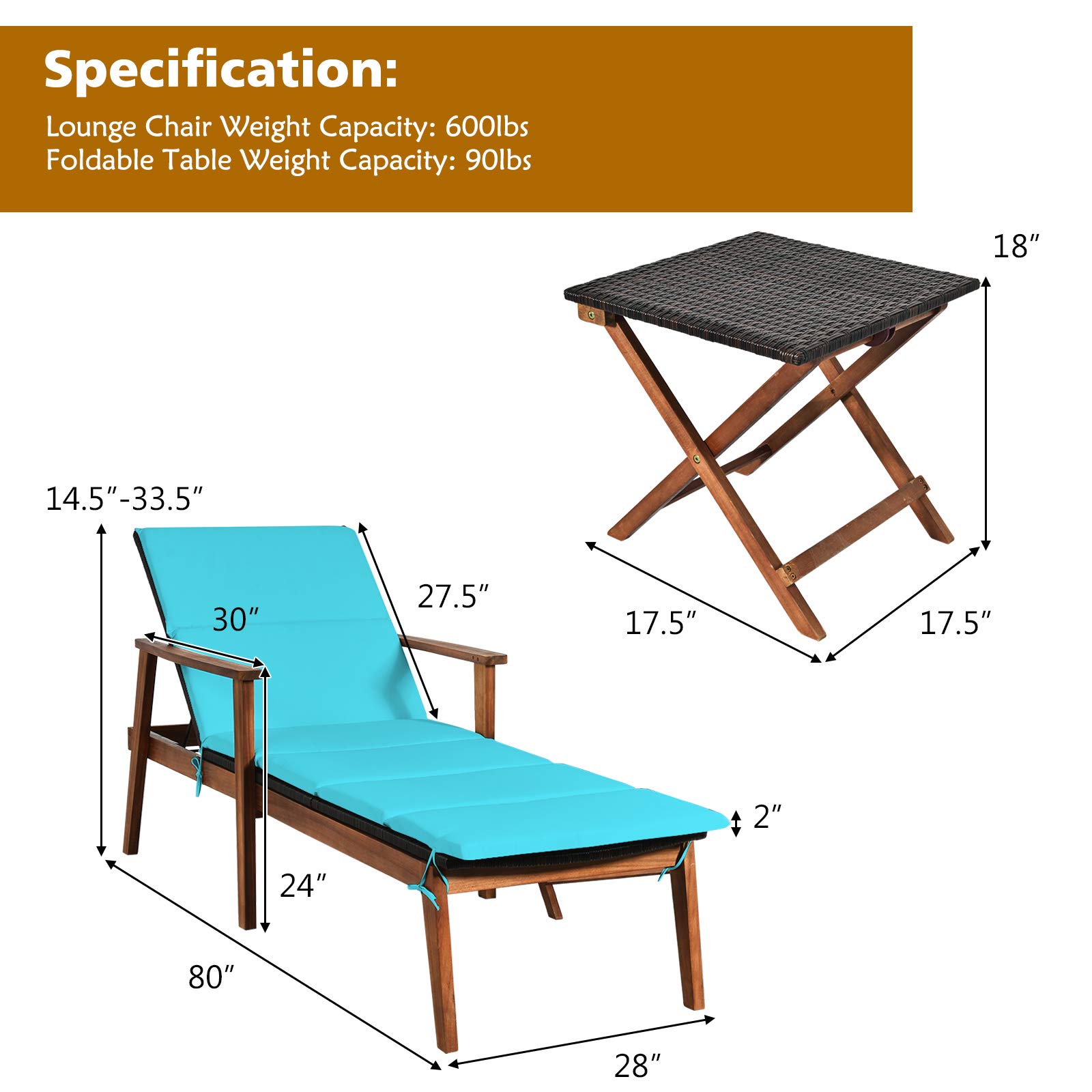 **Acacia Wood Chaise Lounge Set with Folding Coffee Table & Removable Cushions - 4 Adjustable Positions, Rattan Reclining Chair for Poolside, Garden, Beach, Patio - Turquoise Outdoor Furniture for Relaxation & Sunbathing**