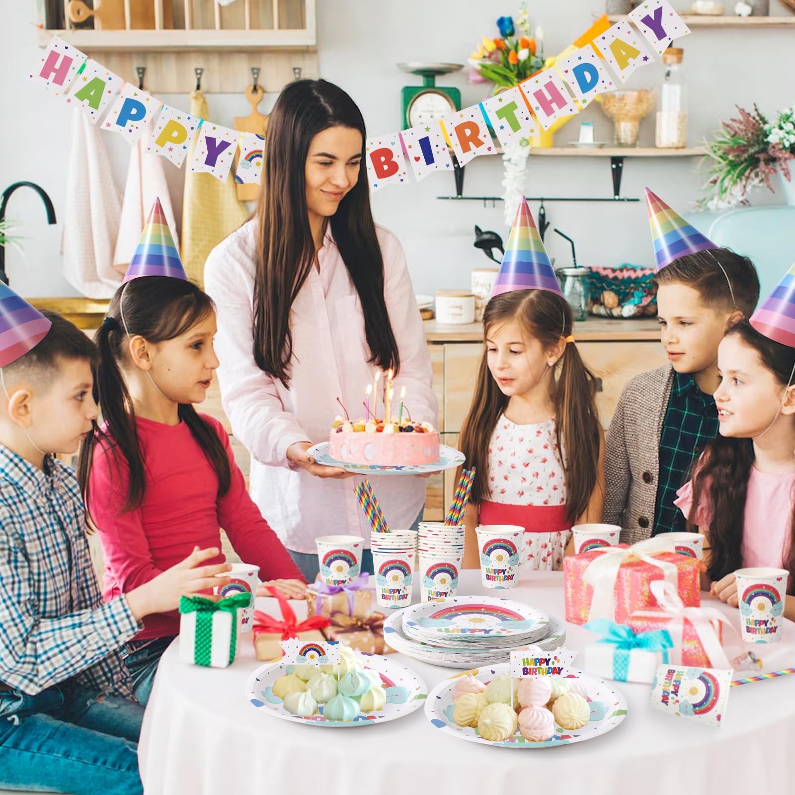 GARVEE 151-Piece Disposable Birthday Party Dinnerware Set - Rainbow Color Paper Plates, Cups & Napkins - Halloween Tableware for 25 Guests - Perfect for Birthday Celebrations, Baby Showers & Holiday Parties