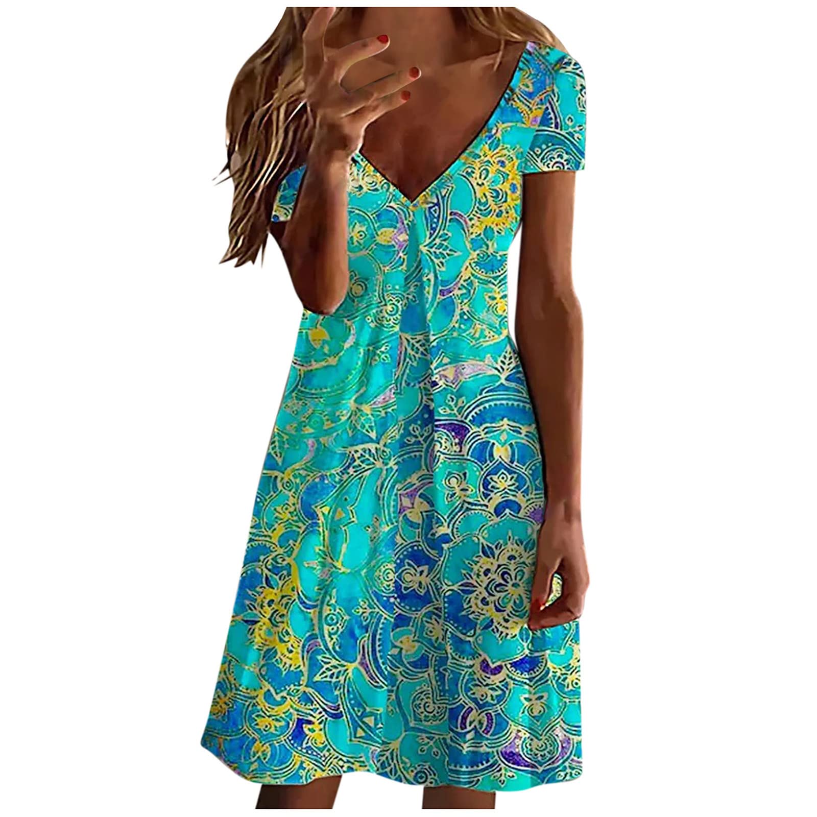 Women's T-Shirt Dress Summer Casual Deep V-Neck Floral Print Knee-Length Boho Beach Short Sleeve Midi Dress - Perfect for Beach Vacations, Summer Outings & Casual Wear