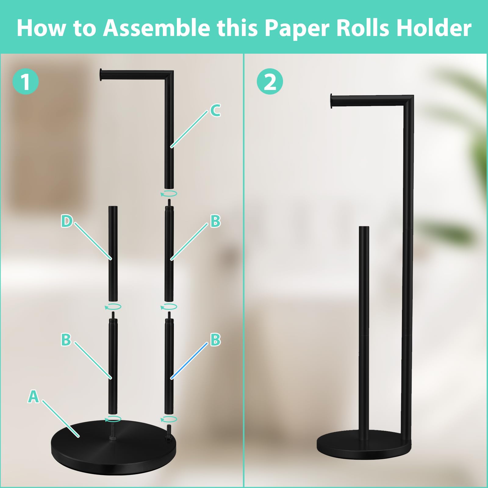 Free Standing Toilet Paper Holder Stand - Large Capacity Bathroom Tissue Roll Dispenser for 4 Rolls with Reserve Storage | Matte Black Finish | Perfect for Home, Office & RV Bathrooms