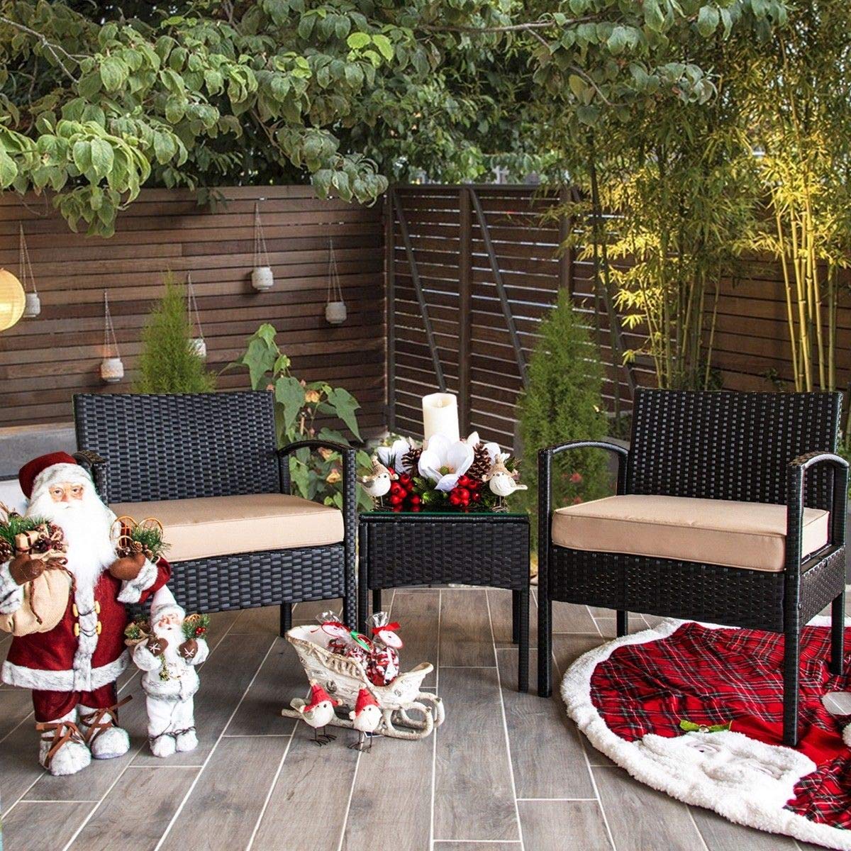 3-Piece Black Wicker Rattan Bistro Set with Glass Table - Modern Outdoor Patio Furniture for Conversation & Dining - Perfect for Garden, Balcony, and Poolside Seating