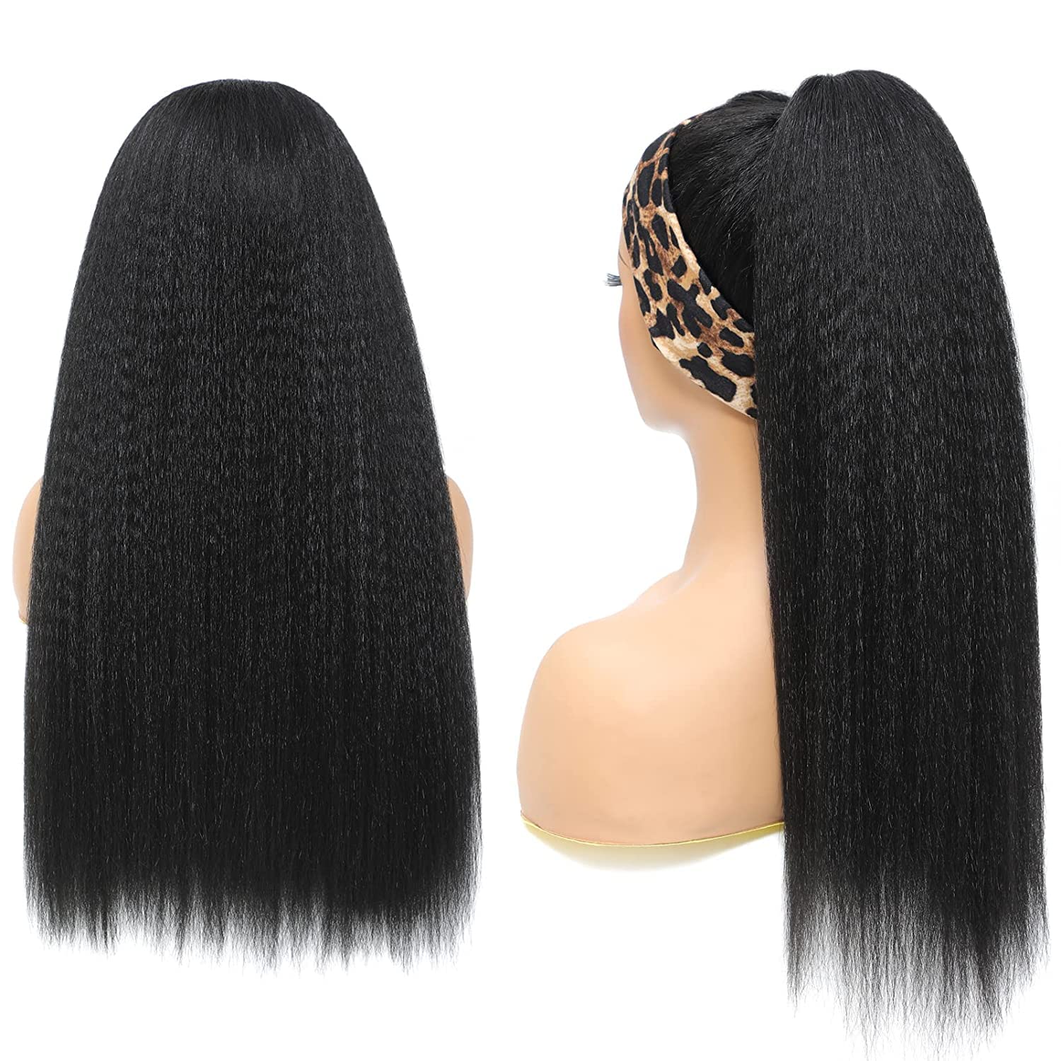 20 Inch Kinky Straight Headband Wig for Black Women - Glueless Synthetic Hair with Natural Hairline - Yaki Straight Headband Wig in #1B Color - Perfect for Daily Wear, Parties & Special Occasions