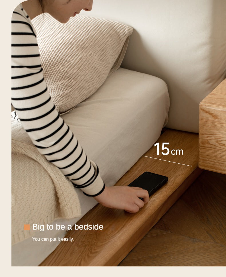 Solid Oak Wood Floating Platform Bed with Soft Fabric Headboard - Modern Technology Bed Frame for Bedroom, Living Room, or Guest Room